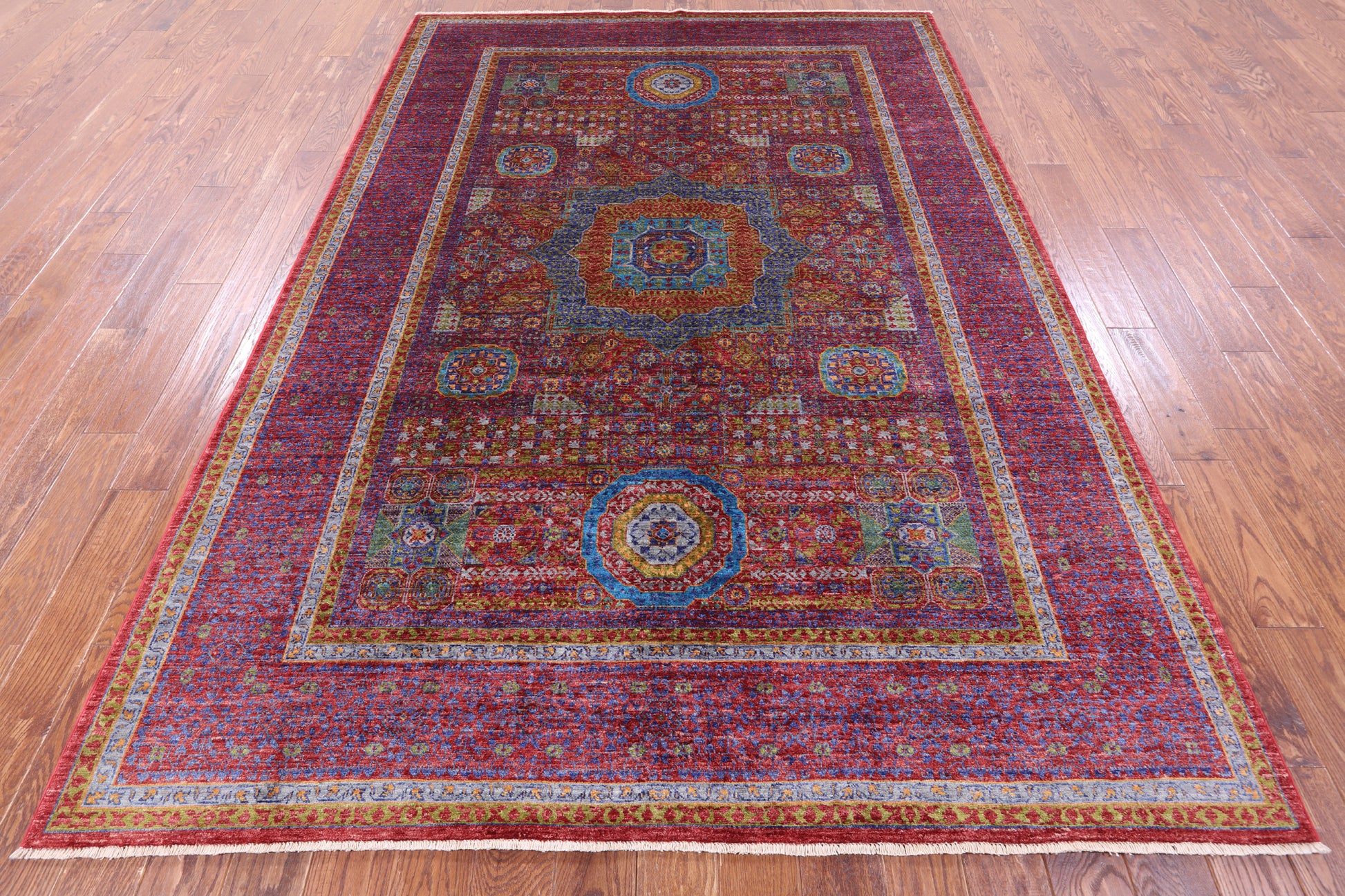 Red Geometric Persian Mamluk Hand Knotted Wool Rug - 6' 9" X 9' 9" - Golden Nile