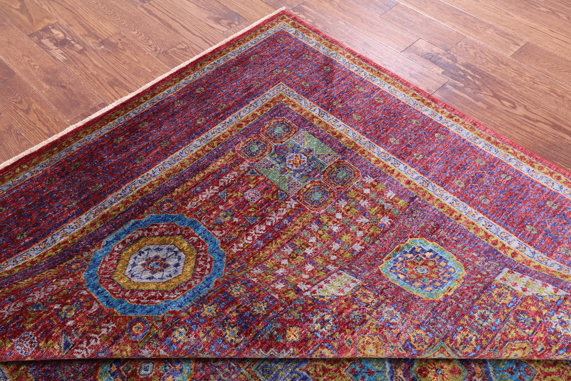 Red Geometric Persian Mamluk Hand Knotted Wool Rug - 6' 9" X 9' 9" - Golden Nile