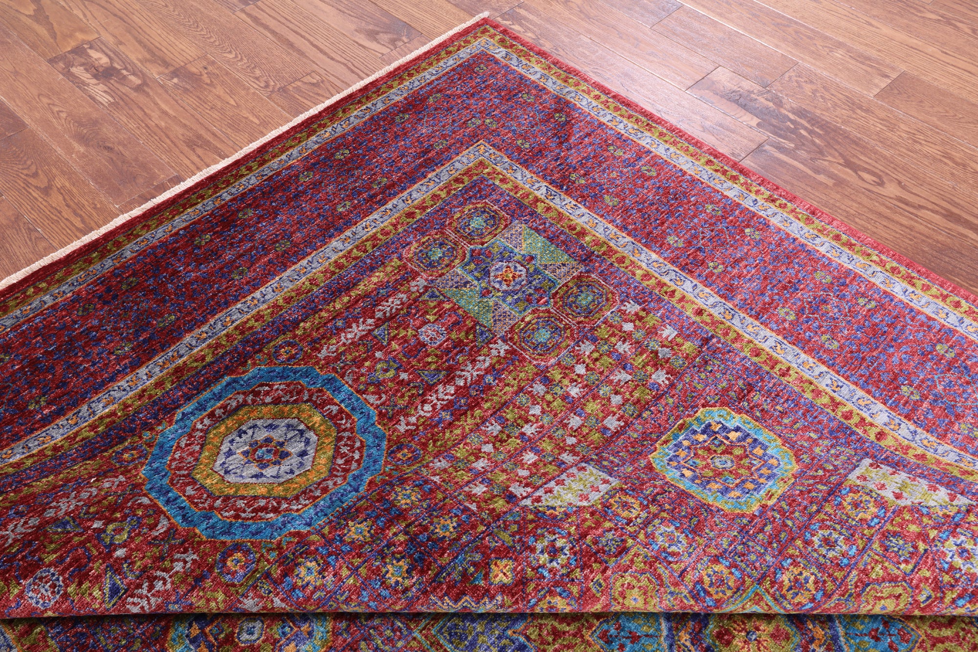 Red Geometric Persian Mamluk Hand Knotted Wool Rug - 6' 9" X 9' 9" - Golden Nile