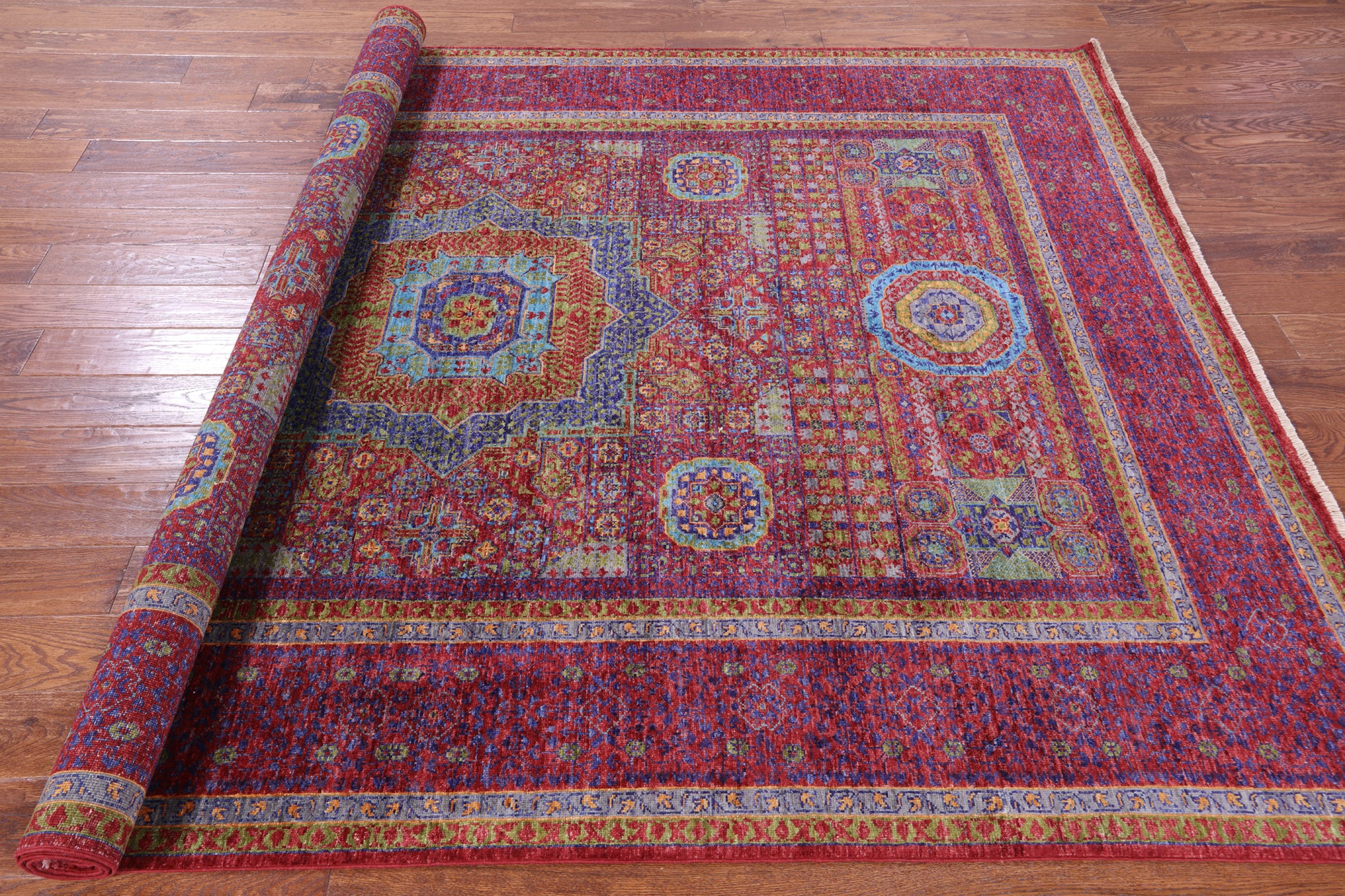 Red Geometric Persian Mamluk Handmade Wool Rug - 6' 10" X 9' 11" - Golden Nile
