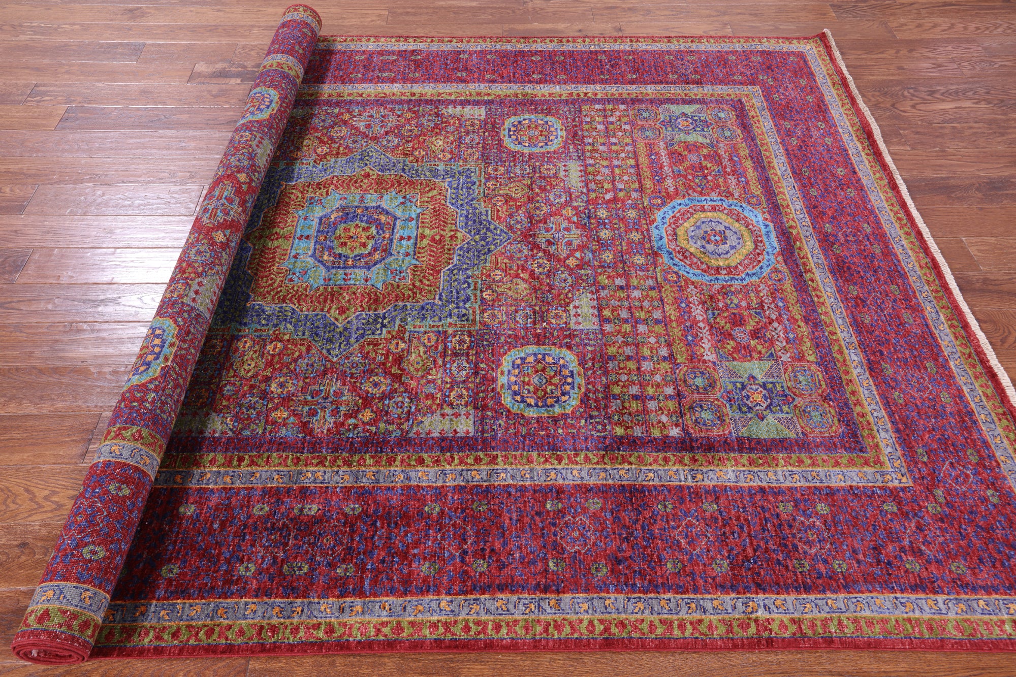 Red Geometric Persian Mamluk Handmade Wool Rug - 6' 10" X 9' 11" - Golden Nile