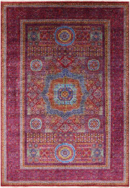 Red Geometric Persian Mamluk Handmade Wool Rug - 6' 10" X 9' 11" - Golden Nile