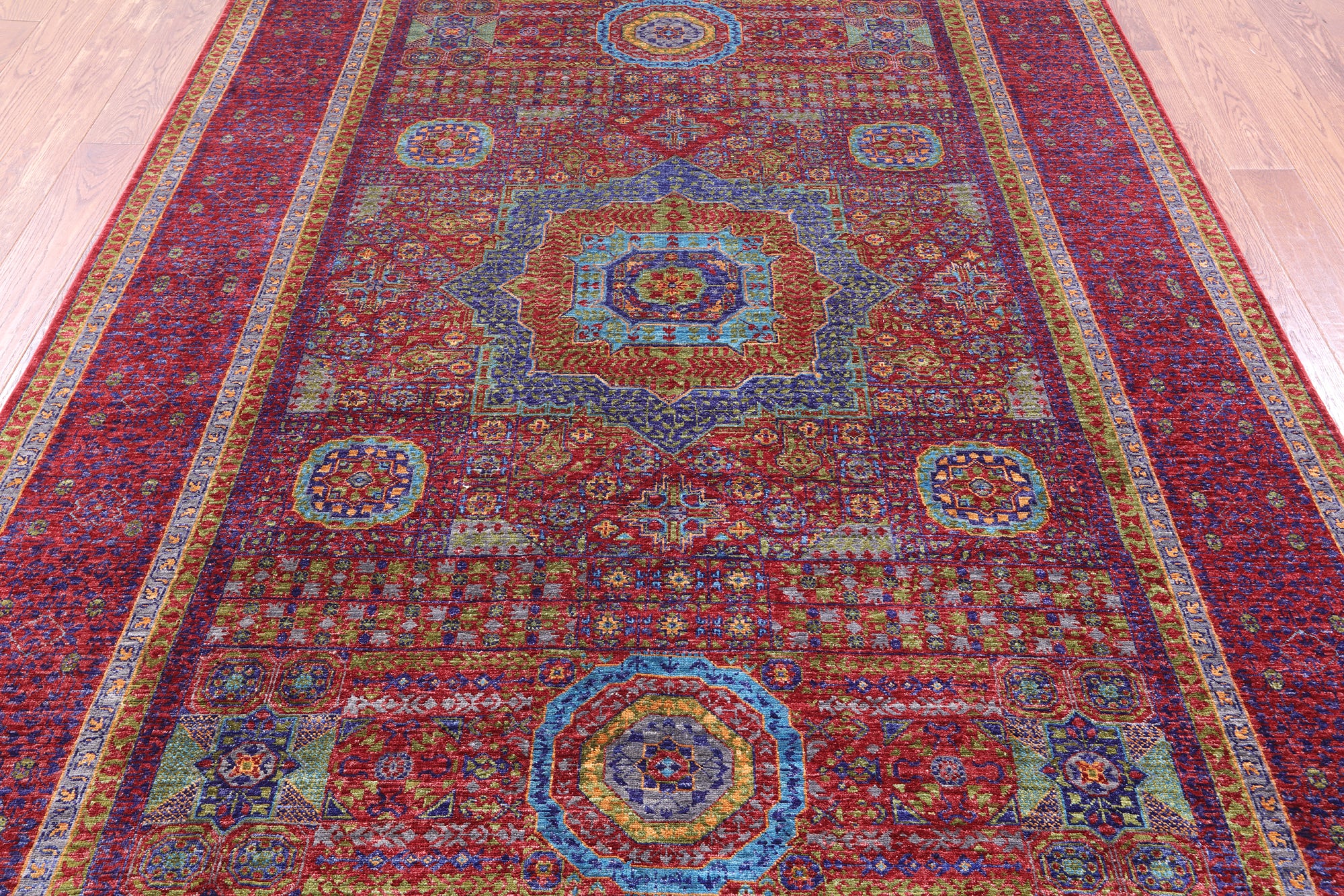 Red Geometric Persian Mamluk Handmade Wool Rug - 6' 10" X 9' 11" - Golden Nile