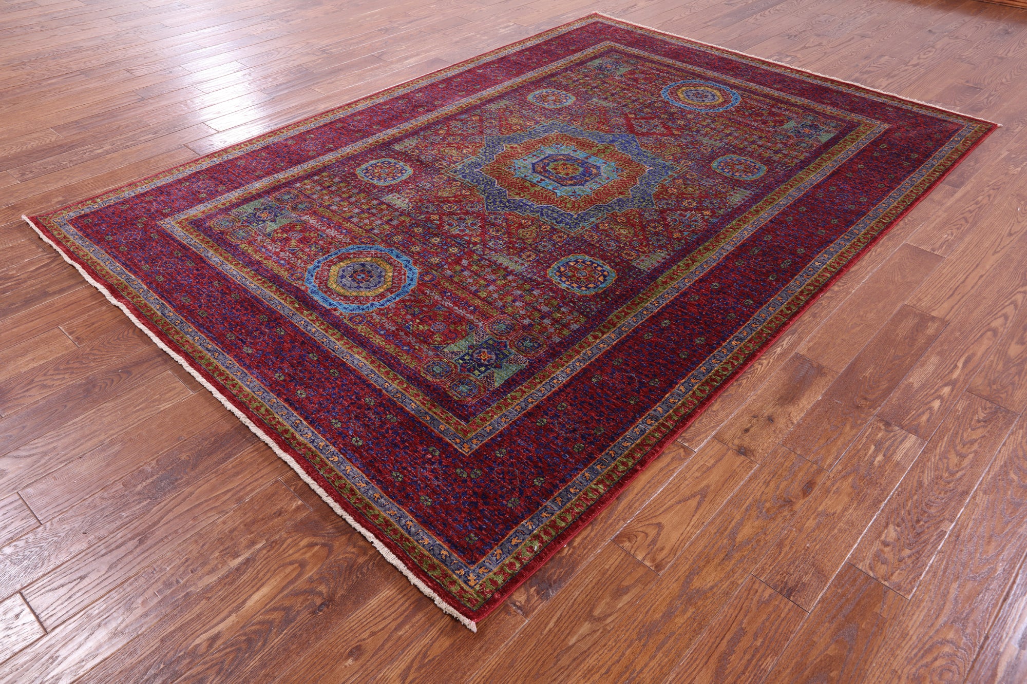 Red Geometric Persian Mamluk Handmade Wool Rug - 6' 10" X 9' 11" - Golden Nile