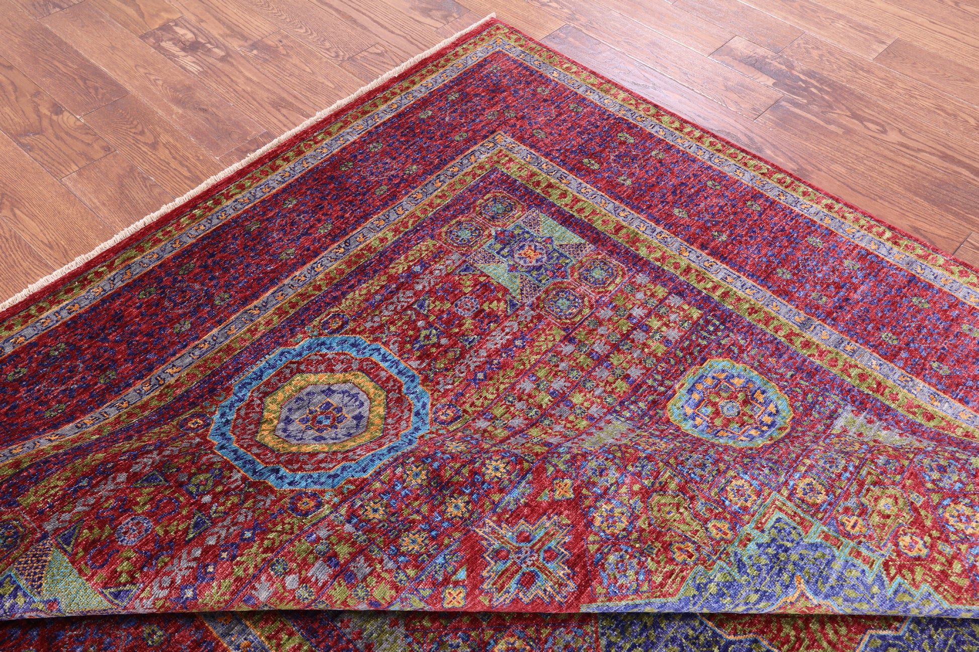 Red Geometric Persian Mamluk Handmade Wool Rug - 6' 10" X 9' 11" - Golden Nile