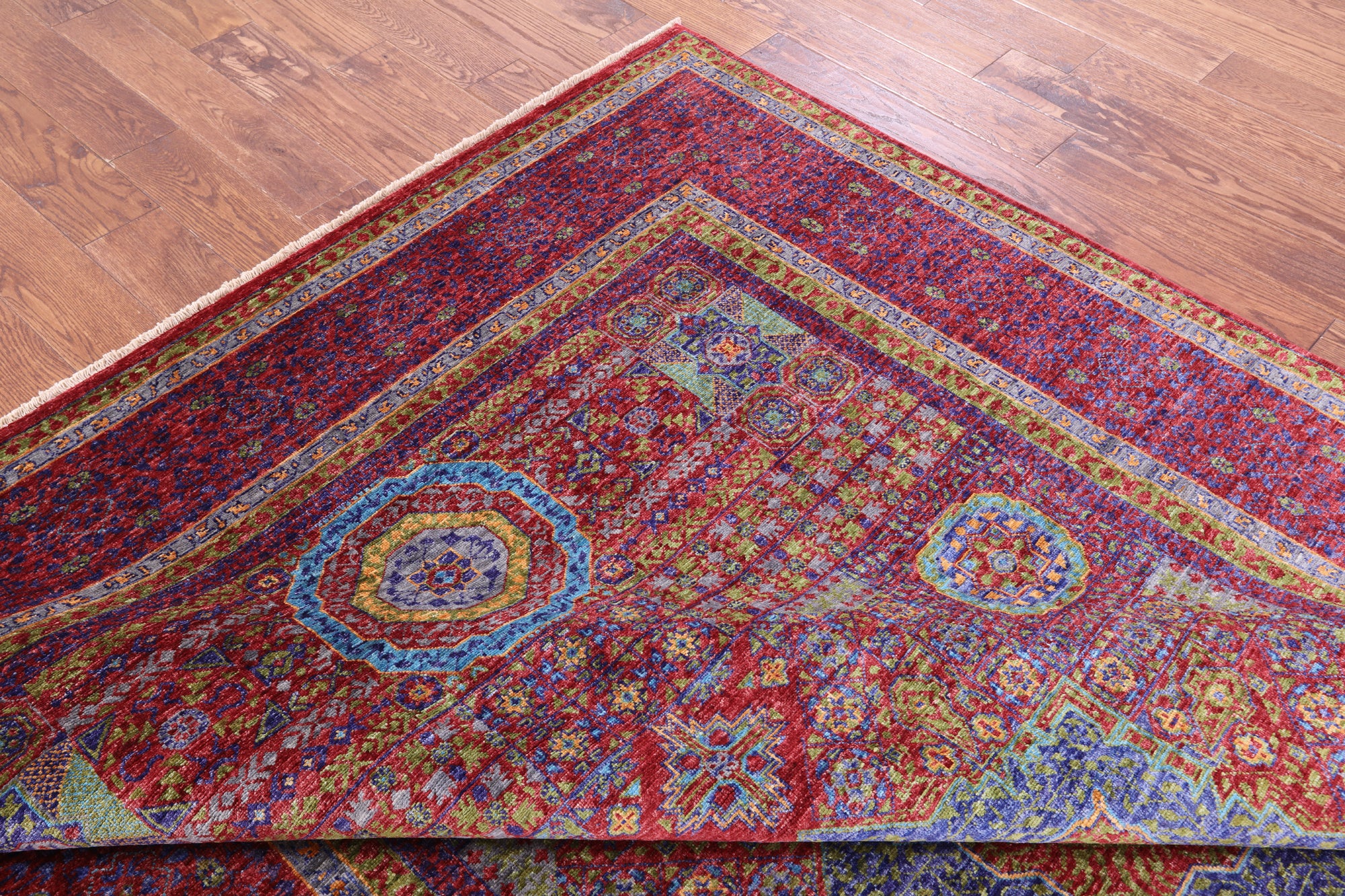 Red Geometric Persian Mamluk Handmade Wool Rug - 6' 10" X 9' 11" - Golden Nile