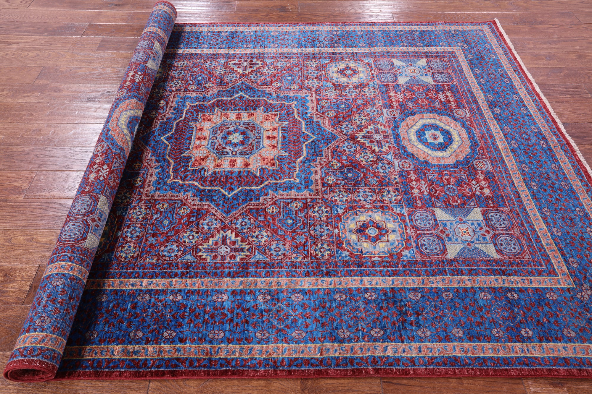 Red Geometric Persian Mamluk Hand Knotted Wool Rug - 5' 8" X 8' 1" - Golden Nile
