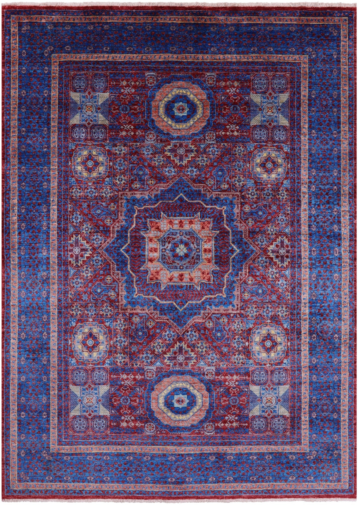 Red Geometric Persian Mamluk Hand Knotted Wool Rug - 5' 8" X 8' 1" - Golden Nile