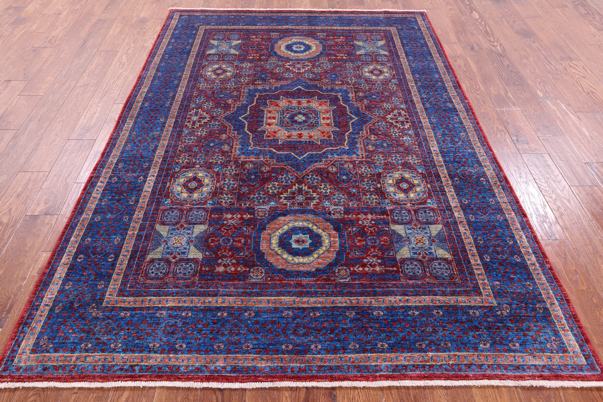 Red Geometric Persian Mamluk Hand Knotted Wool Rug - 5' 8" X 8' 1" - Golden Nile