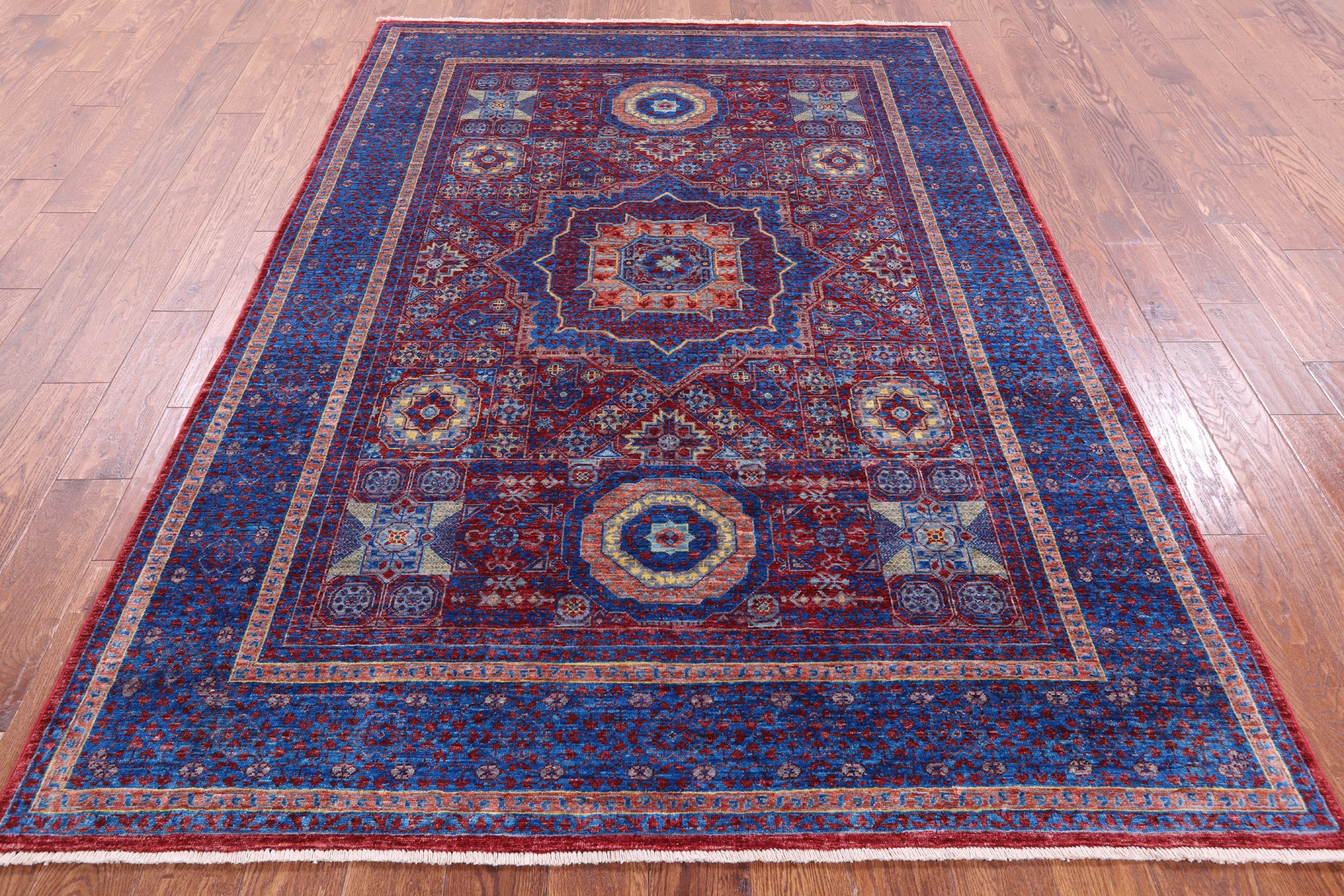 Red Geometric Persian Mamluk Hand Knotted Wool Rug - 5' 8" X 8' 1" - Golden Nile