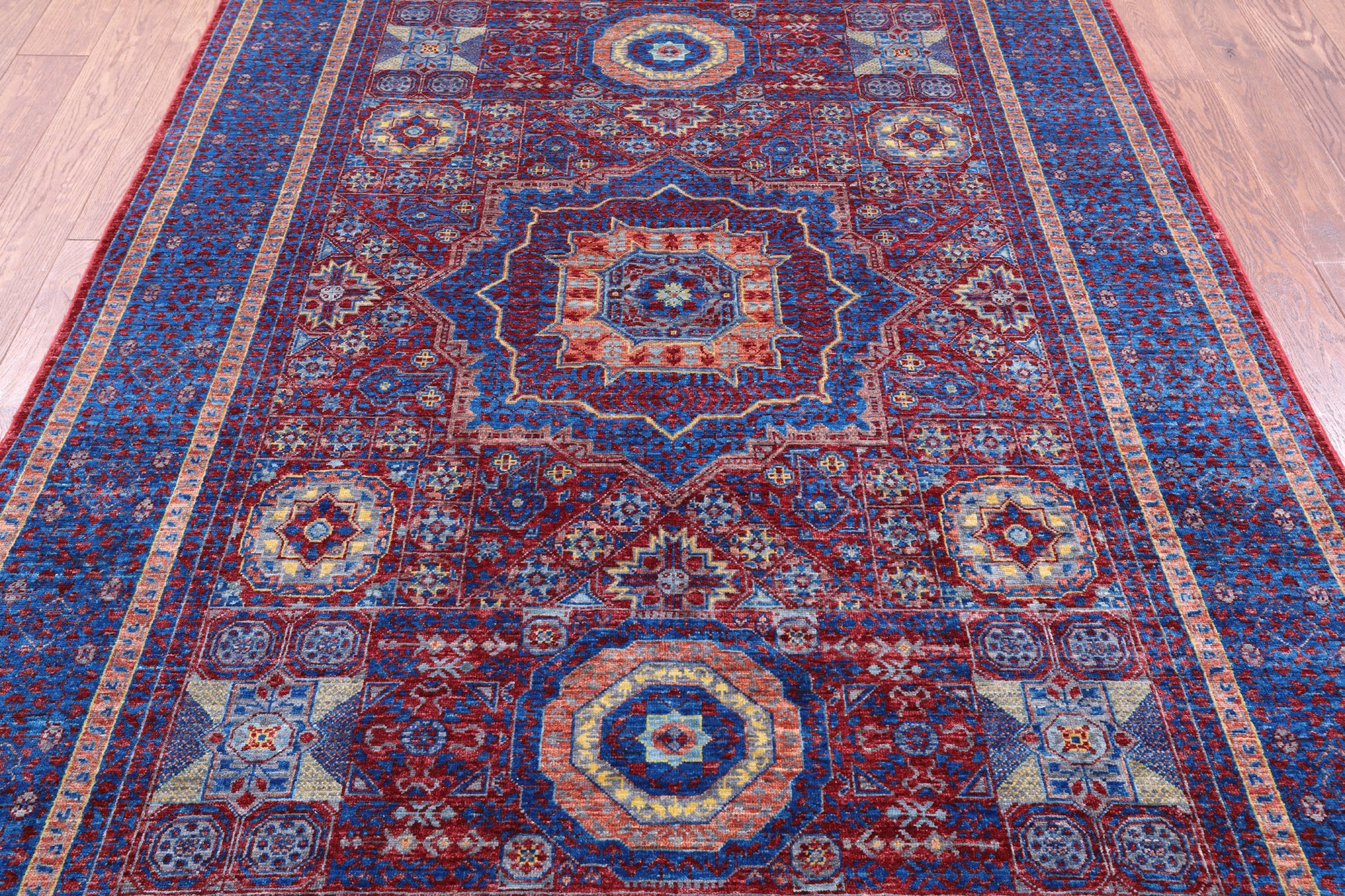 Red Geometric Persian Mamluk Hand Knotted Wool Rug - 5' 8" X 8' 1" - Golden Nile