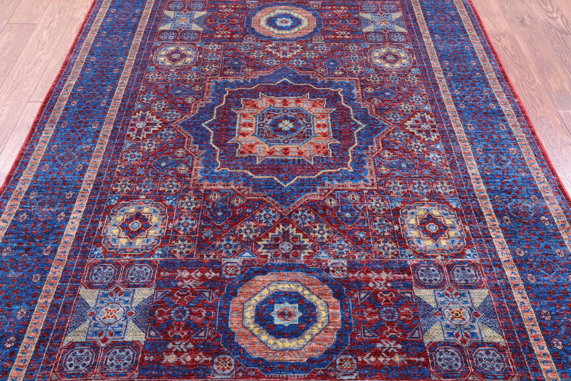 Red Geometric Persian Mamluk Hand Knotted Wool Rug - 5' 8" X 8' 1" - Golden Nile