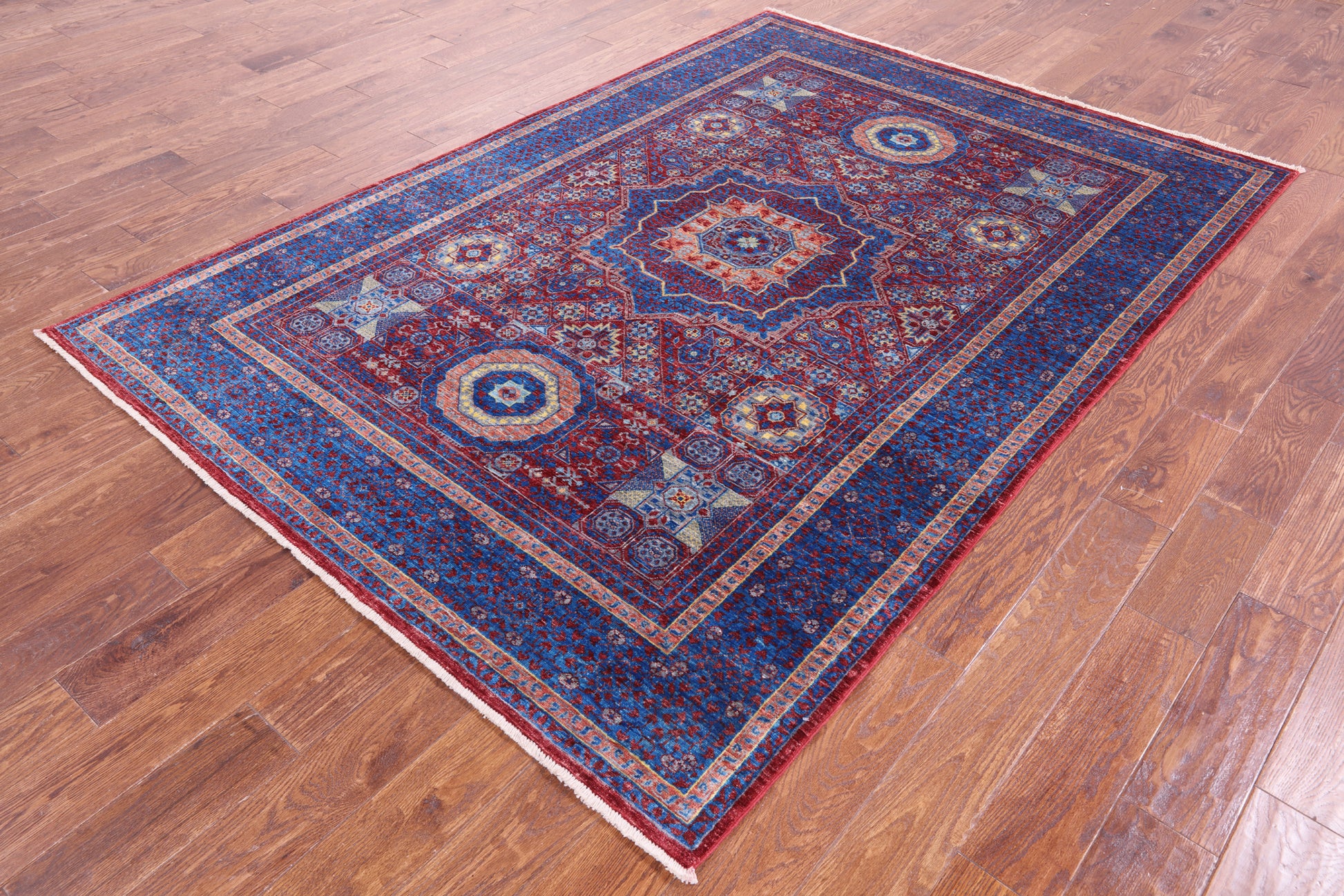 Red Geometric Persian Mamluk Hand Knotted Wool Rug - 5' 8" X 8' 1" - Golden Nile