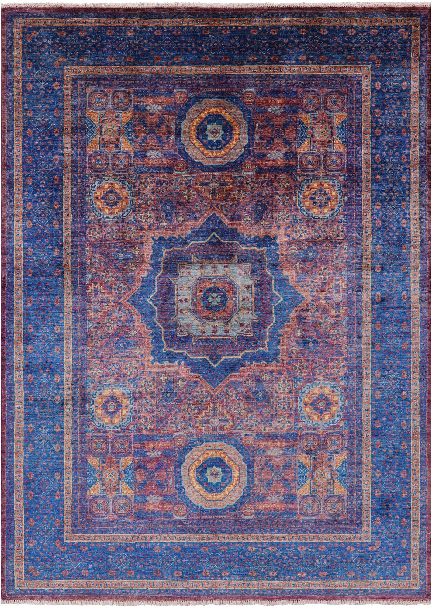 Purple Geometric Persian Mamluk Hand Knotted Wool Rug - 5' 9" X 7' 11" - Golden Nile
