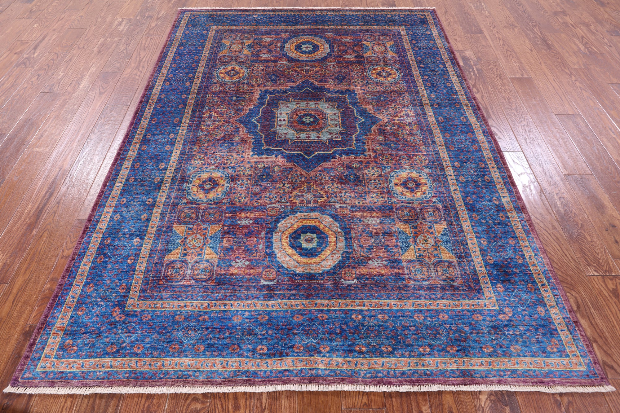 Purple Geometric Persian Mamluk Hand Knotted Wool Rug - 5' 9" X 7' 11" - Golden Nile