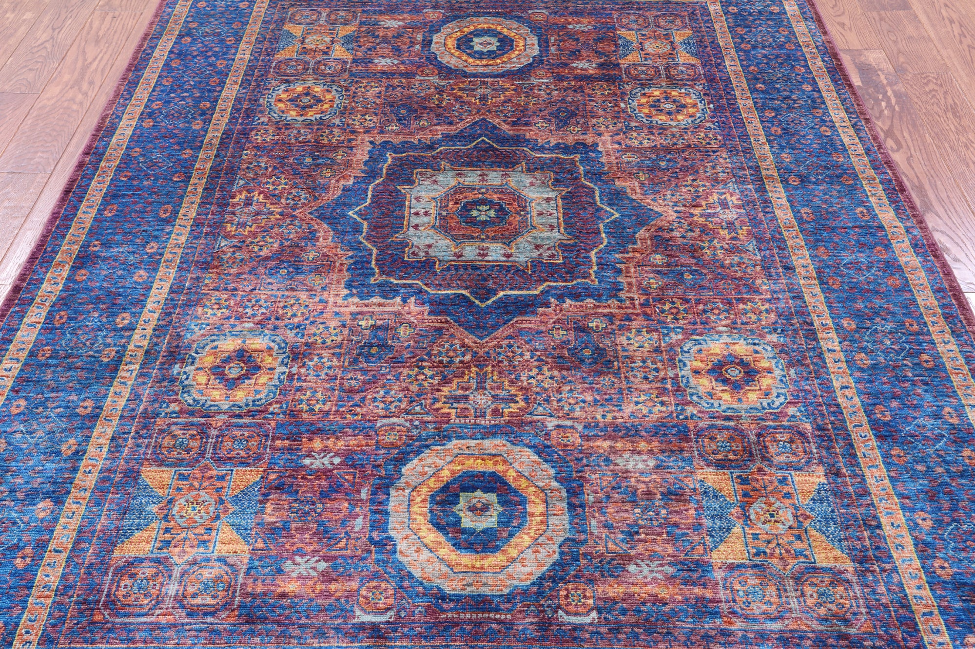 Purple Geometric Persian Mamluk Hand Knotted Wool Rug - 5' 9" X 7' 11" - Golden Nile