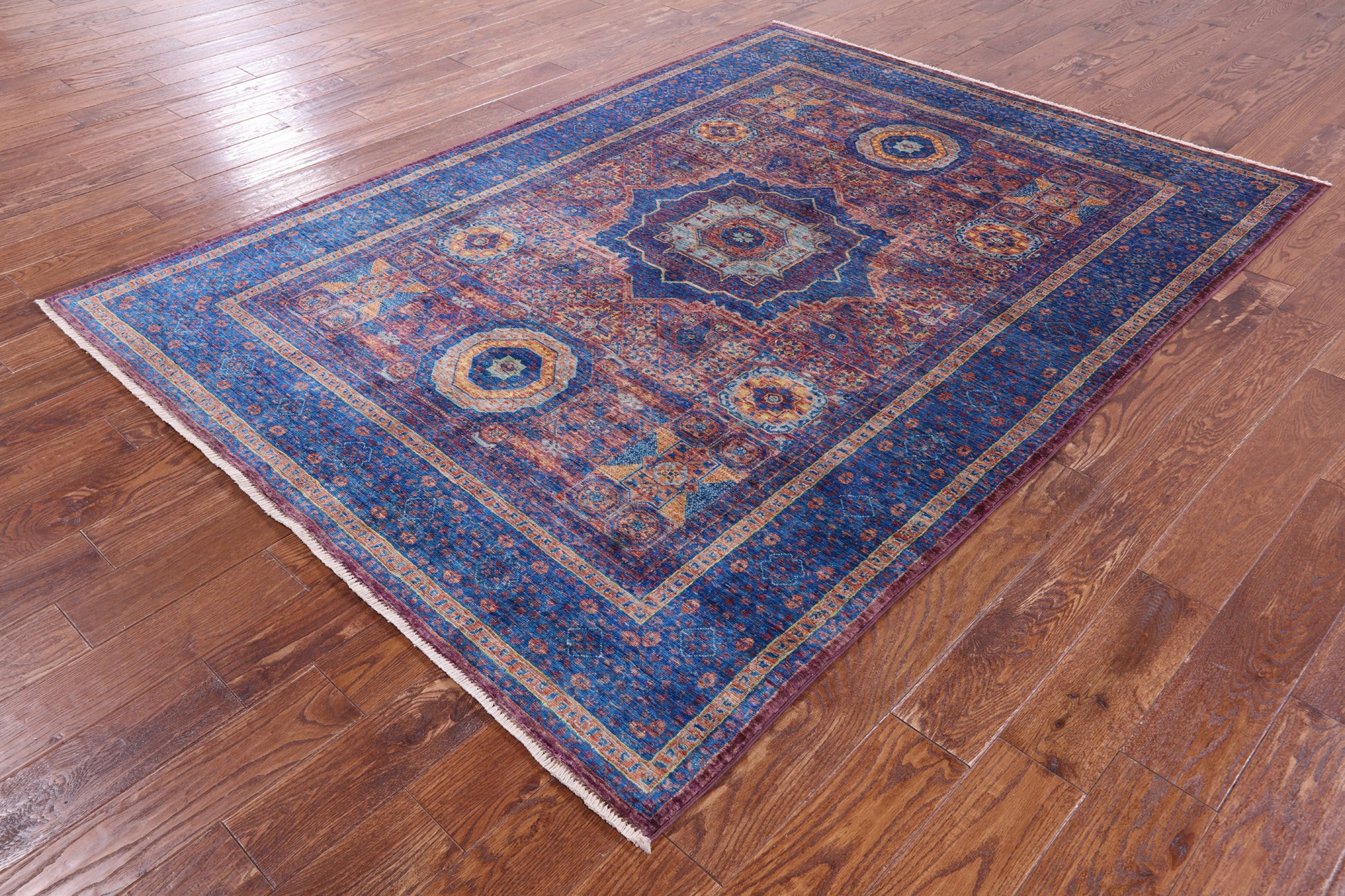 Purple Geometric Persian Mamluk Hand Knotted Wool Rug - 5' 9" X 7' 11" - Golden Nile
