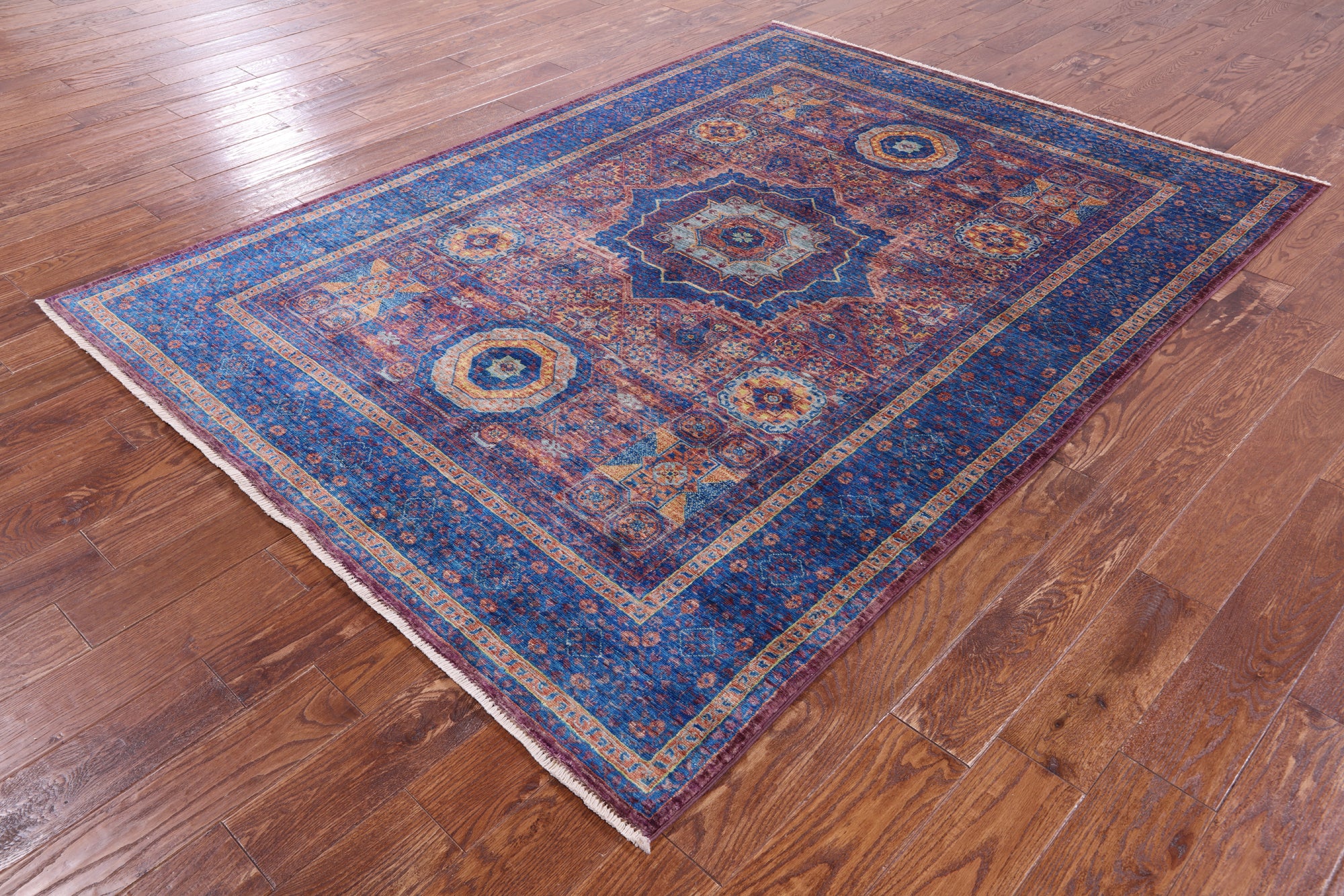 Purple Geometric Persian Mamluk Hand Knotted Wool Rug - 5' 9" X 7' 11" - Golden Nile