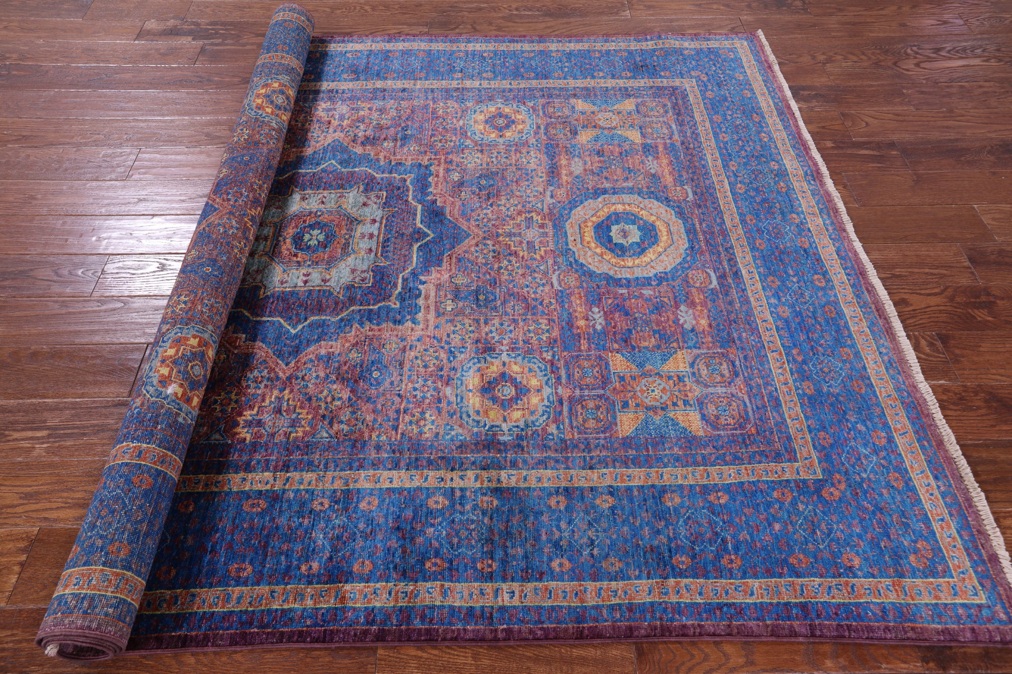 Purple Geometric Persian Mamluk Hand Knotted Wool Rug - 5' 9" X 7' 11" - Golden Nile