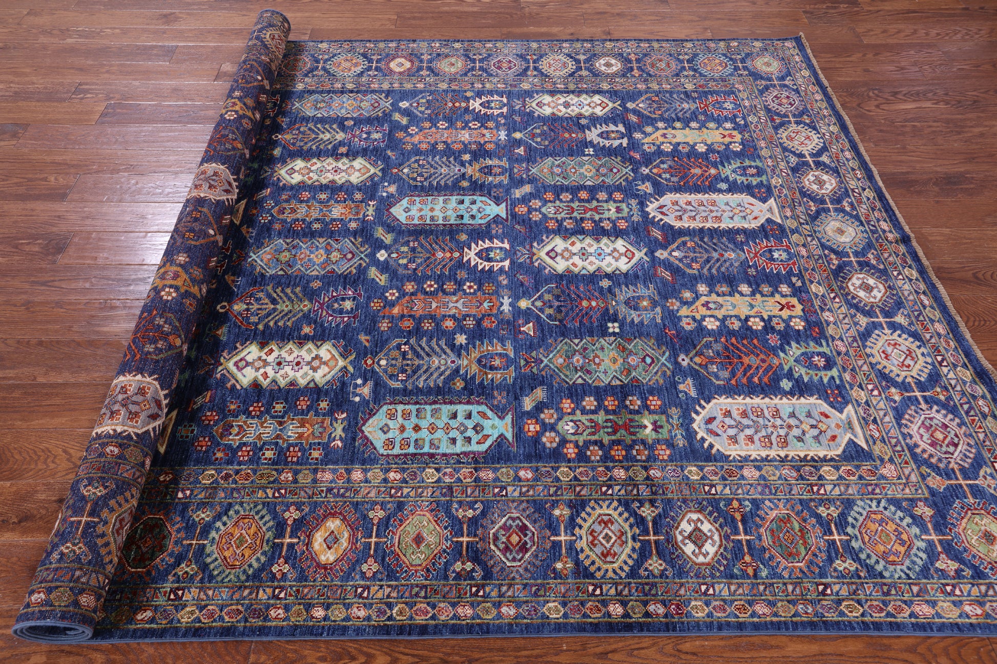 Blue Persian Fine Serapi Hand Knotted Wool Rug - 7' 0" X 9' 10" - Golden Nile