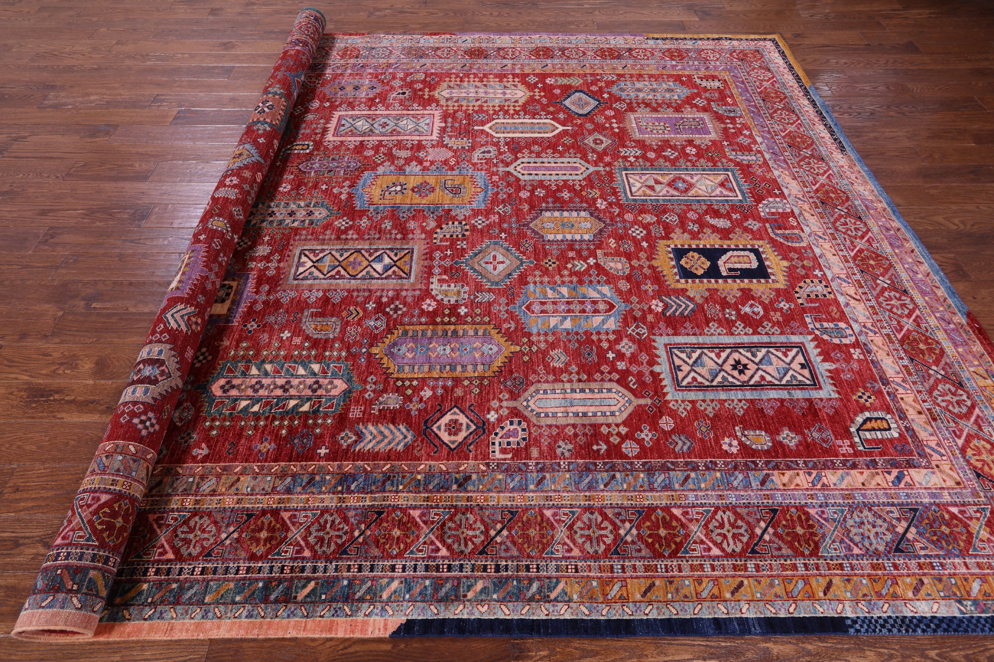 Red Persian Fine Serapi Hand Knotted Wool Rug - 9' 1" X 11' 9" - Golden Nile
