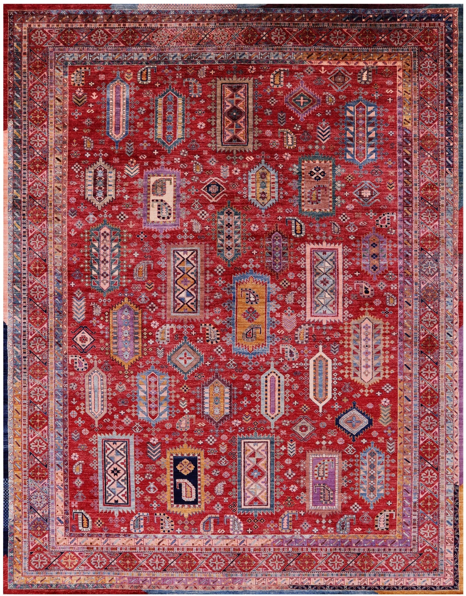 Red Persian Fine Serapi Hand Knotted Wool Rug - 9' 1" X 11' 9" - Golden Nile