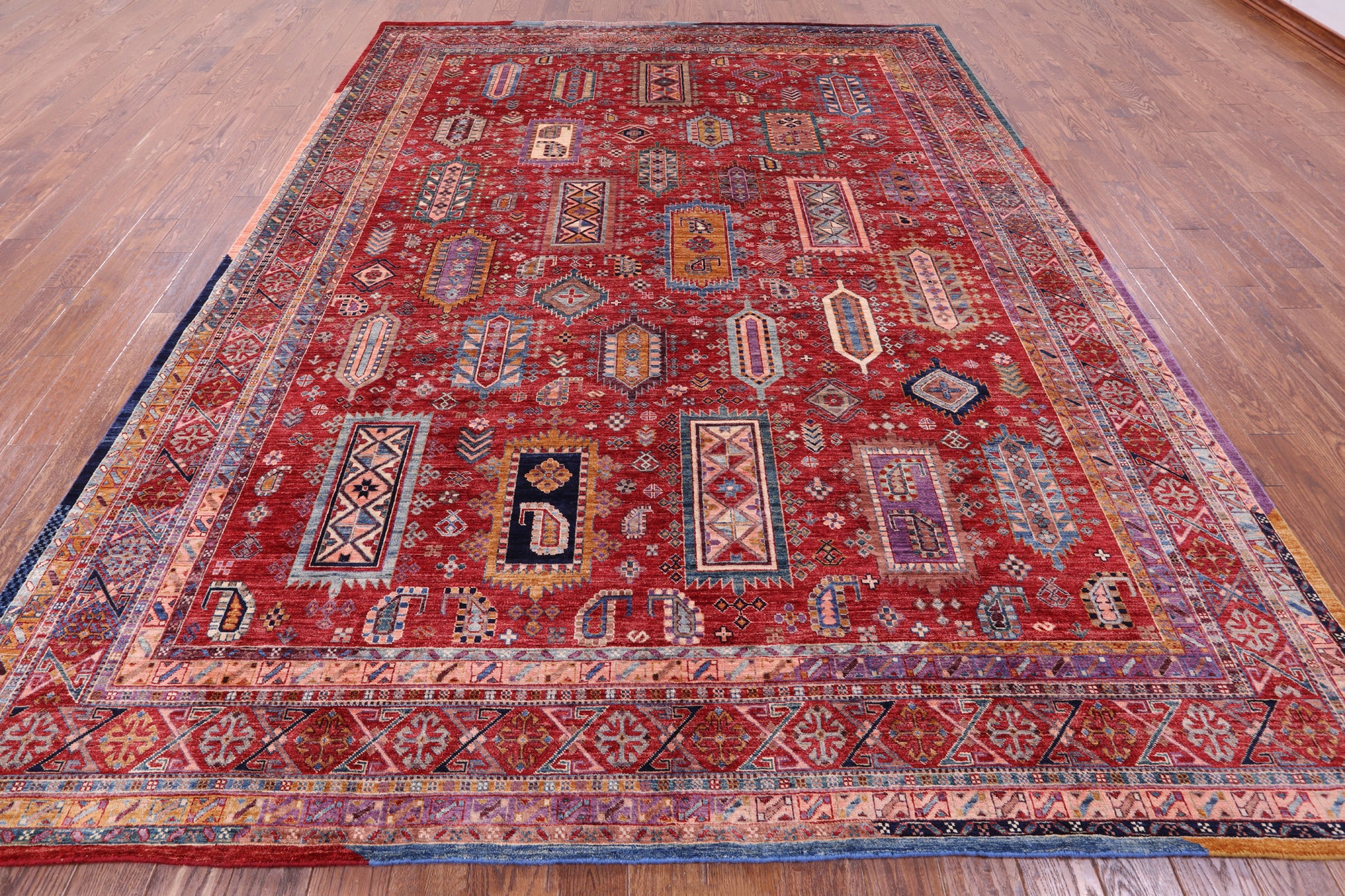 Red Persian Fine Serapi Hand Knotted Wool Rug - 9' 1" X 11' 9" - Golden Nile
