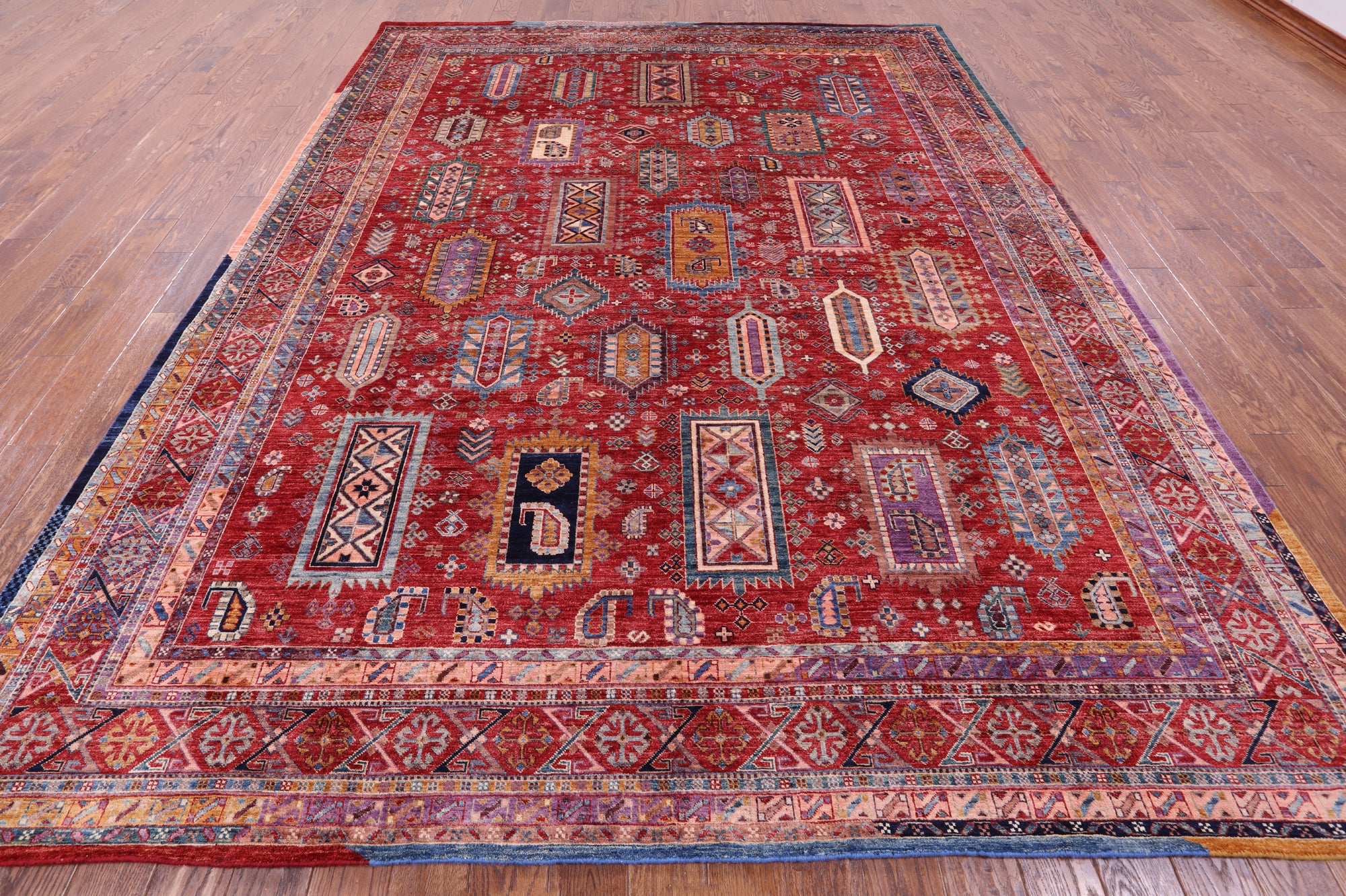Red Persian Fine Serapi Hand Knotted Wool Rug - 9' 1" X 11' 9" - Golden Nile