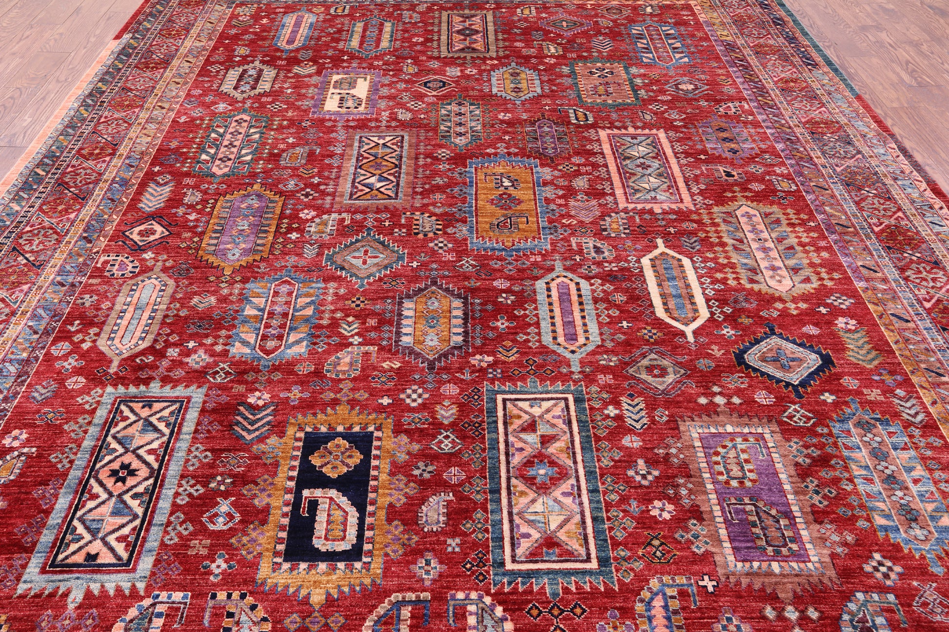Red Persian Fine Serapi Hand Knotted Wool Rug - 9' 1" X 11' 9" - Golden Nile