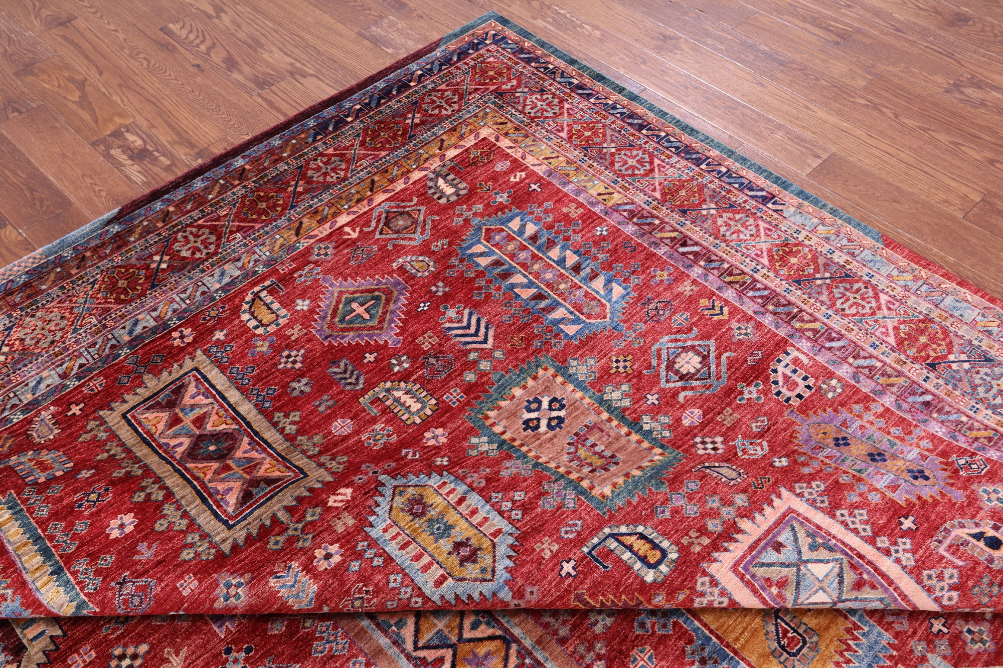 Red Persian Fine Serapi Hand Knotted Wool Rug - 9' 1" X 11' 9" - Golden Nile