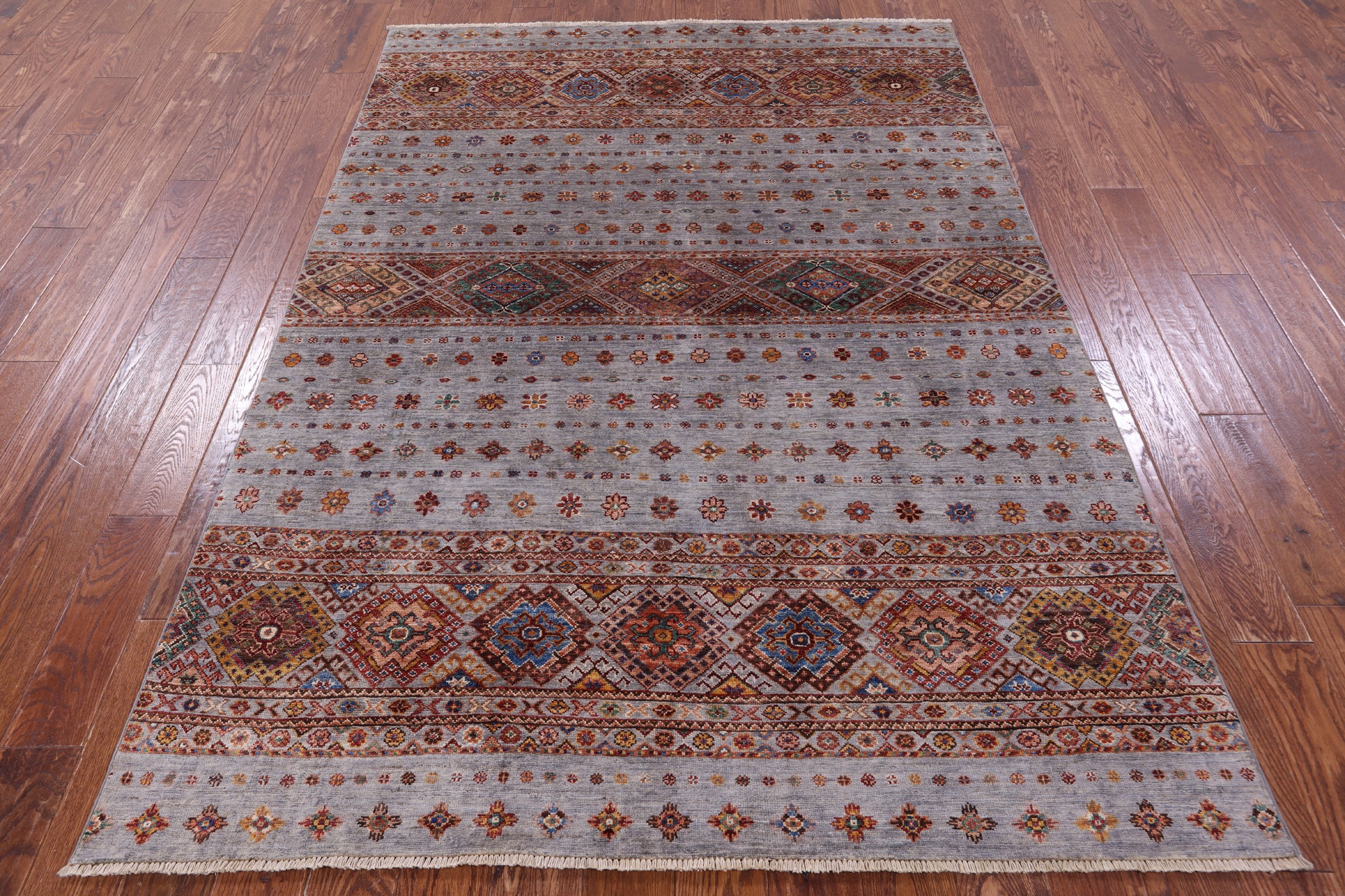 Grey Khorjin Persian Gabbeh Hand Knotted Wool Rug - 5' 7" X 7' 11" - Golden Nile