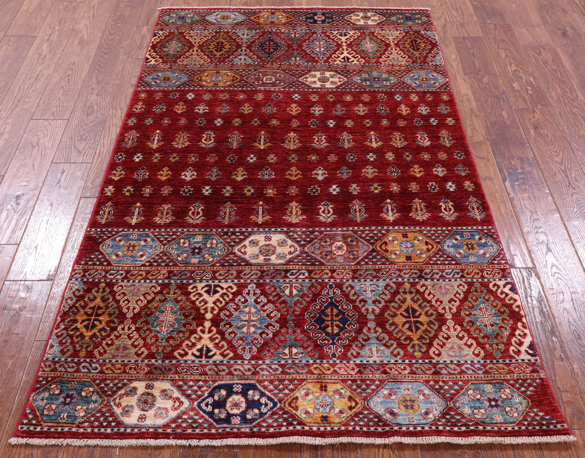 Red Khorjin Persian Gabbeh Hand Knotted Wool Rug - 3' 9" X 6' 3" - Golden Nile