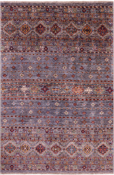 Grey Khorjin Persian Gabbeh Hand Knotted Wool Rug - 4' 1" X 6' 3" - Golden Nile