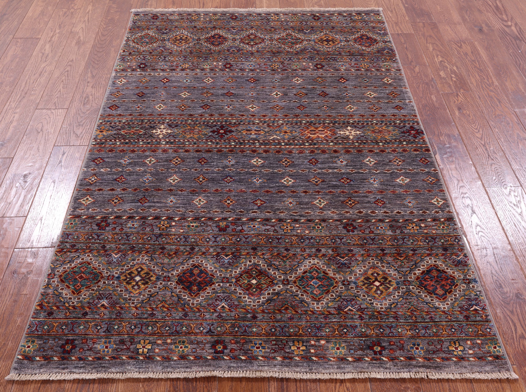 Grey Khorjin Persian Gabbeh Hand Knotted Wool Rug - 4' 1" X 6' 3" - Golden Nile