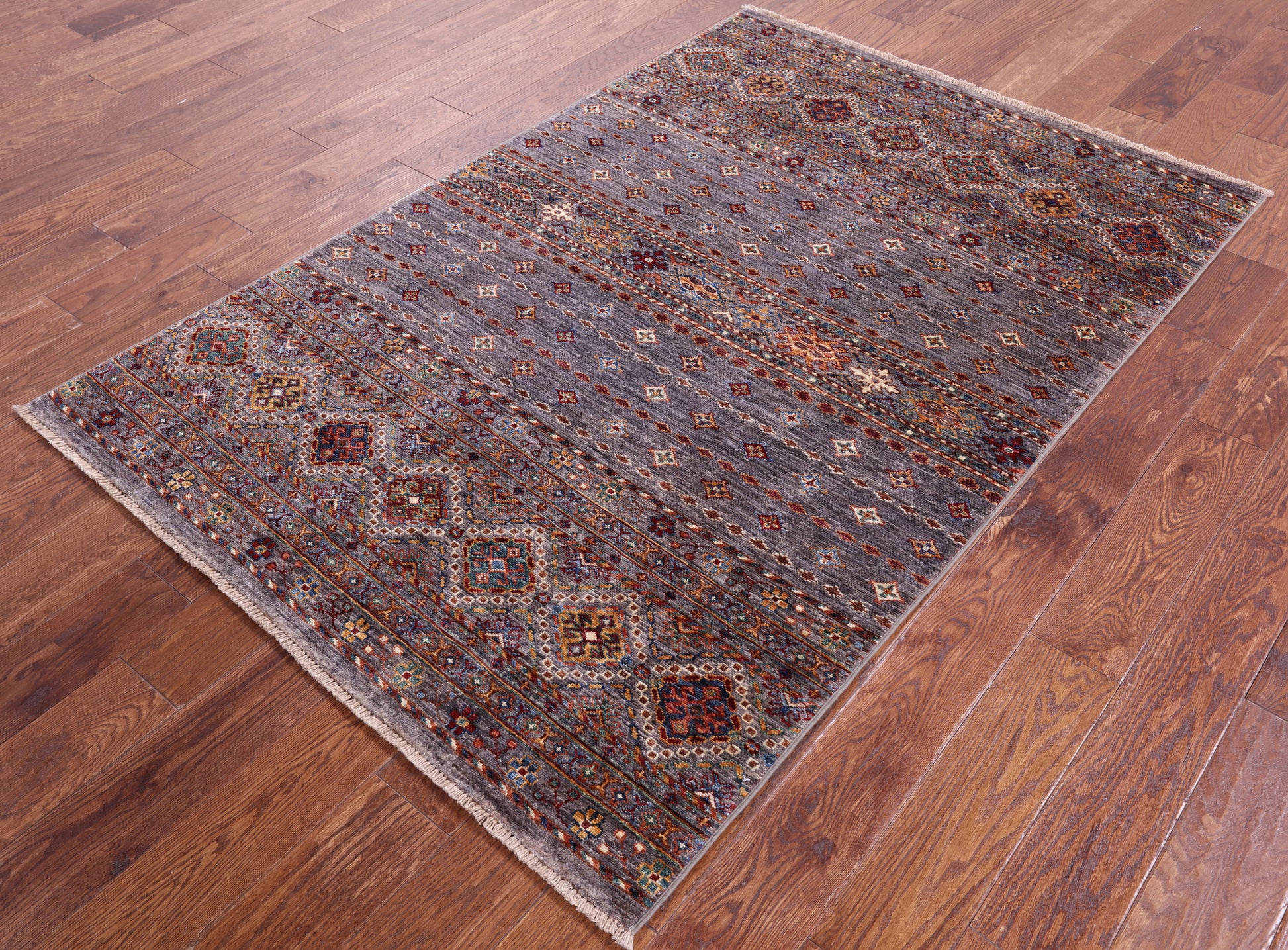 Grey Khorjin Persian Gabbeh Hand Knotted Wool Rug - 4' 1" X 6' 3" - Golden Nile