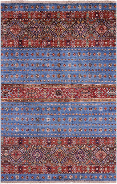 Blue Khorjin Persian Gabbeh Hand Knotted Wool Rug - 3' 11" X 6' 0" - Golden Nile