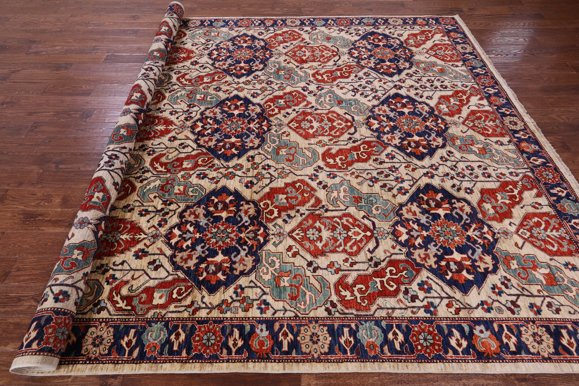 Ivory Persian Fine Serapi Hand Knotted Wool Rug - 8' 10" X 11' 6" - Golden Nile