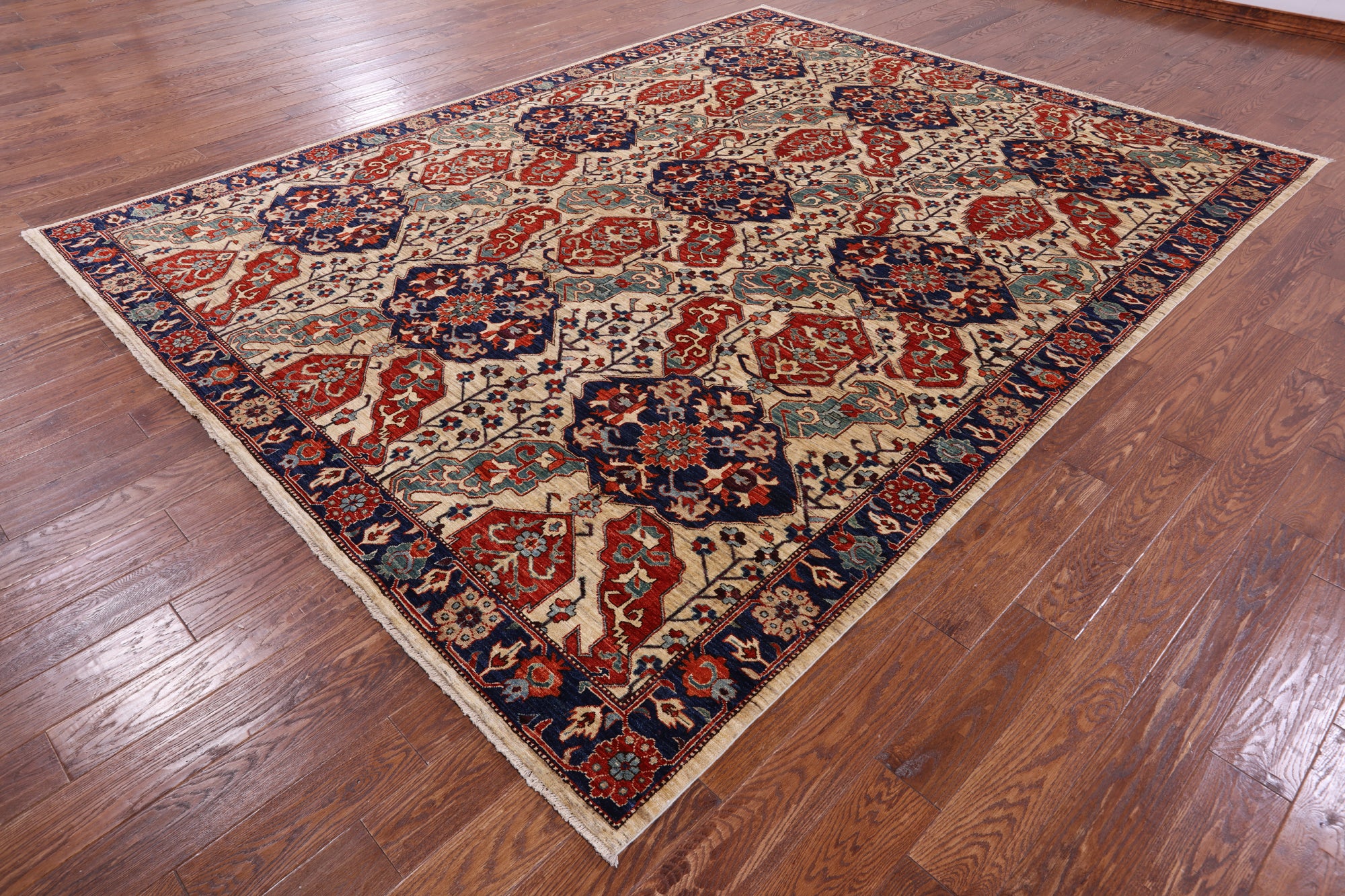 Ivory Persian Fine Serapi Hand Knotted Wool Rug - 8' 10" X 11' 6" - Golden Nile