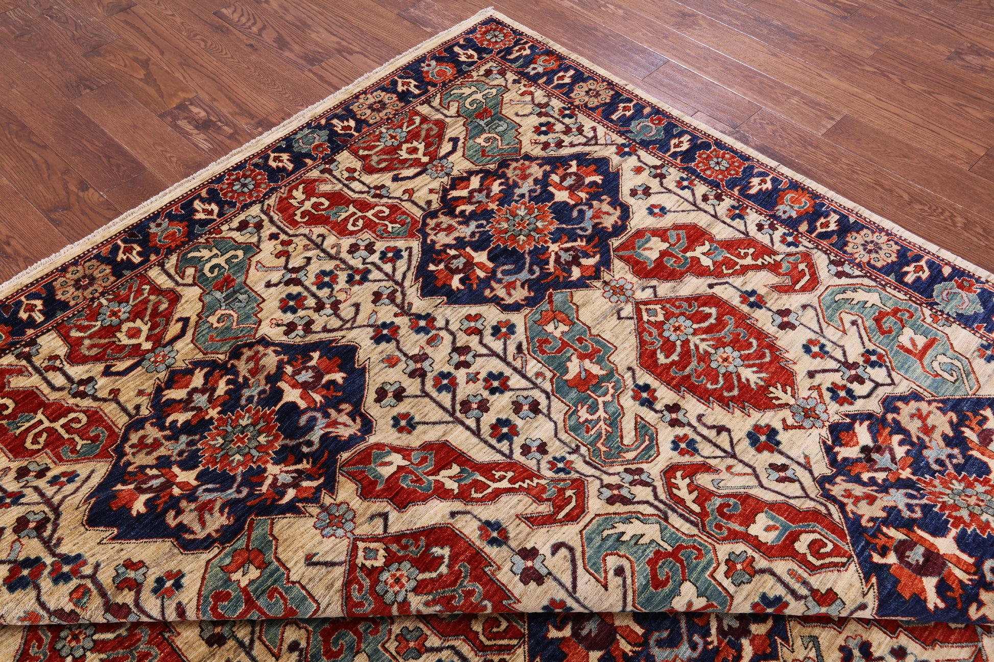 Ivory Persian Fine Serapi Hand Knotted Wool Rug - 8' 10" X 11' 6" - Golden Nile