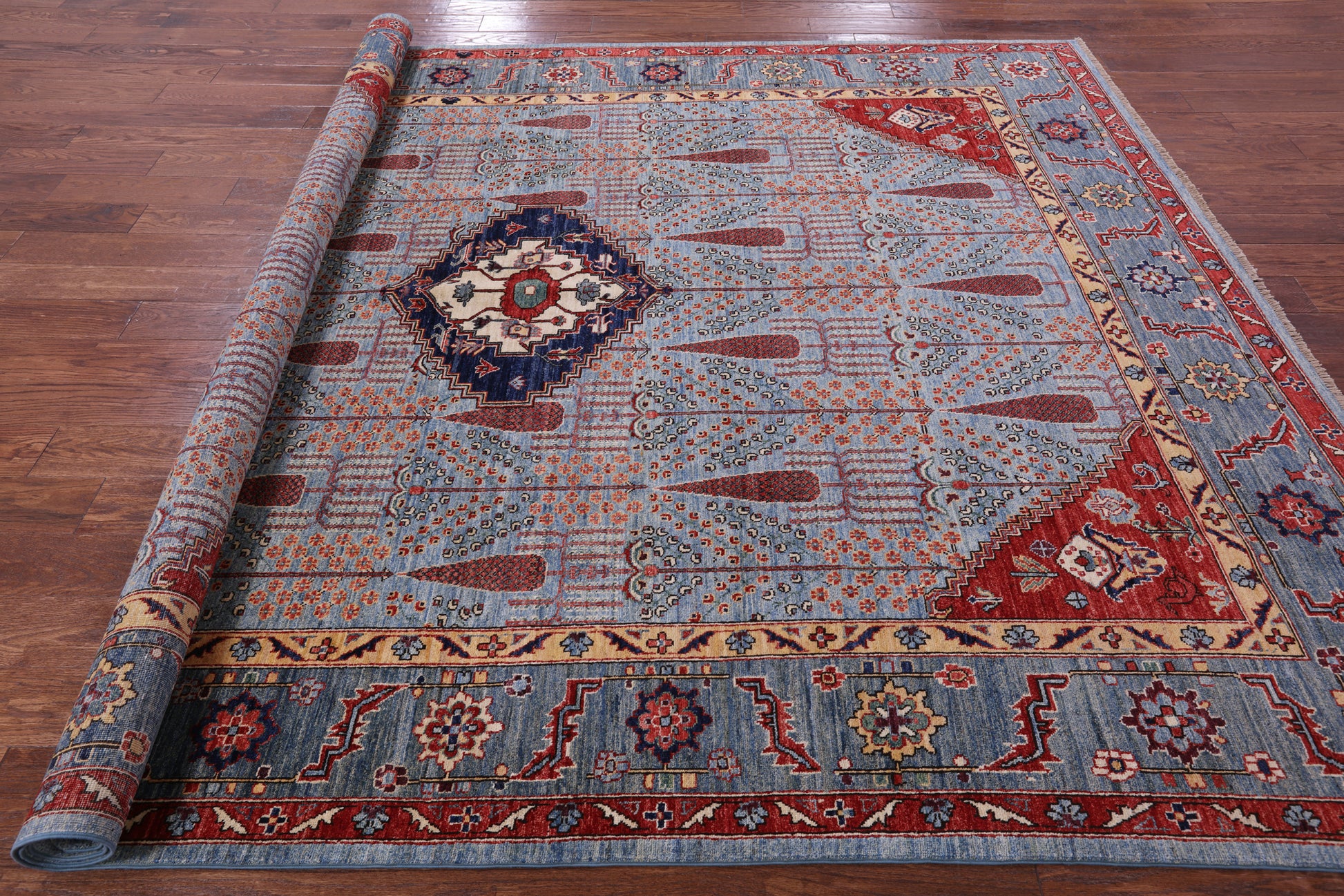 Blue Persian Fine Serapi Hand Knotted Wool Rug - 8' 2" X 9' 11" - Golden Nile