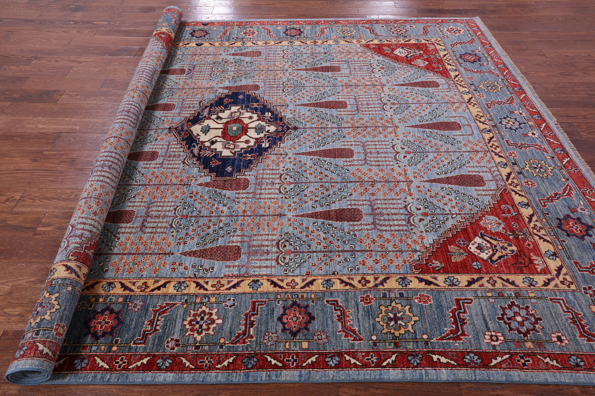 Blue Persian Fine Serapi Hand Knotted Wool Rug - 8' 2" X 9' 11" - Golden Nile