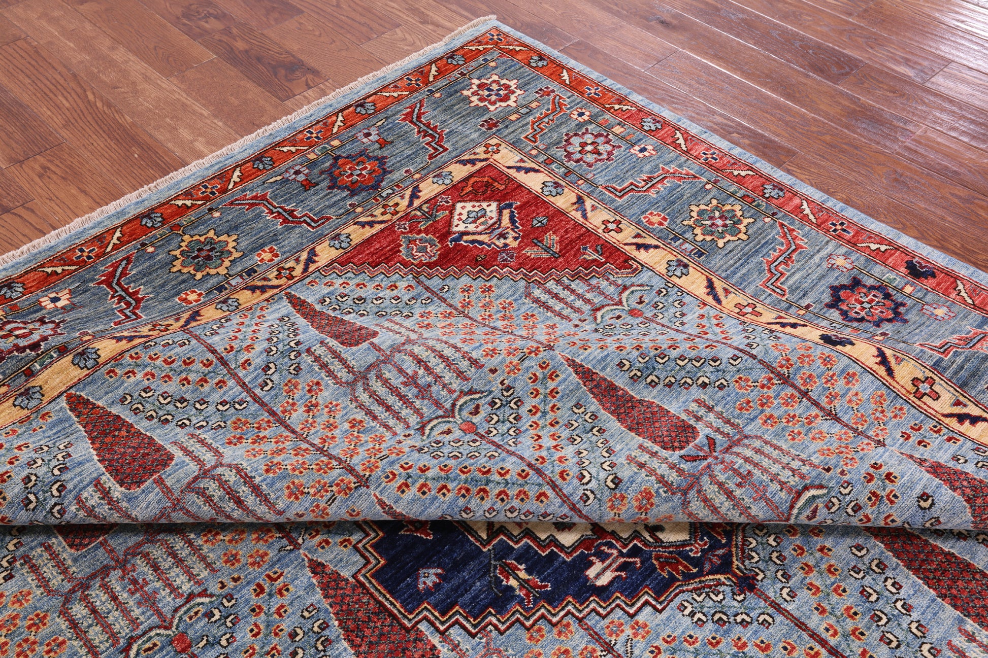 Blue Persian Fine Serapi Hand Knotted Wool Rug - 8' 2" X 9' 11" - Golden Nile