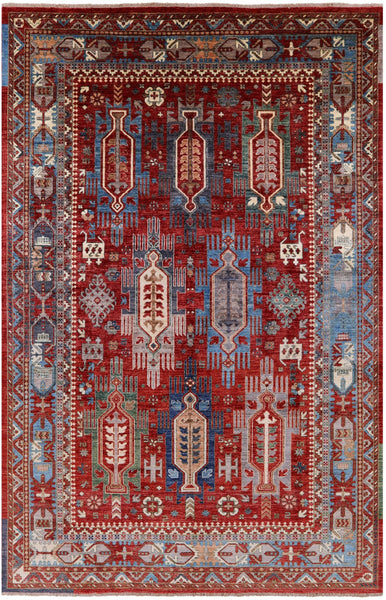 Red Persian Fine Serapi Hand Knotted Wool Rug - 6' 8" X 10' 2" - Golden Nile