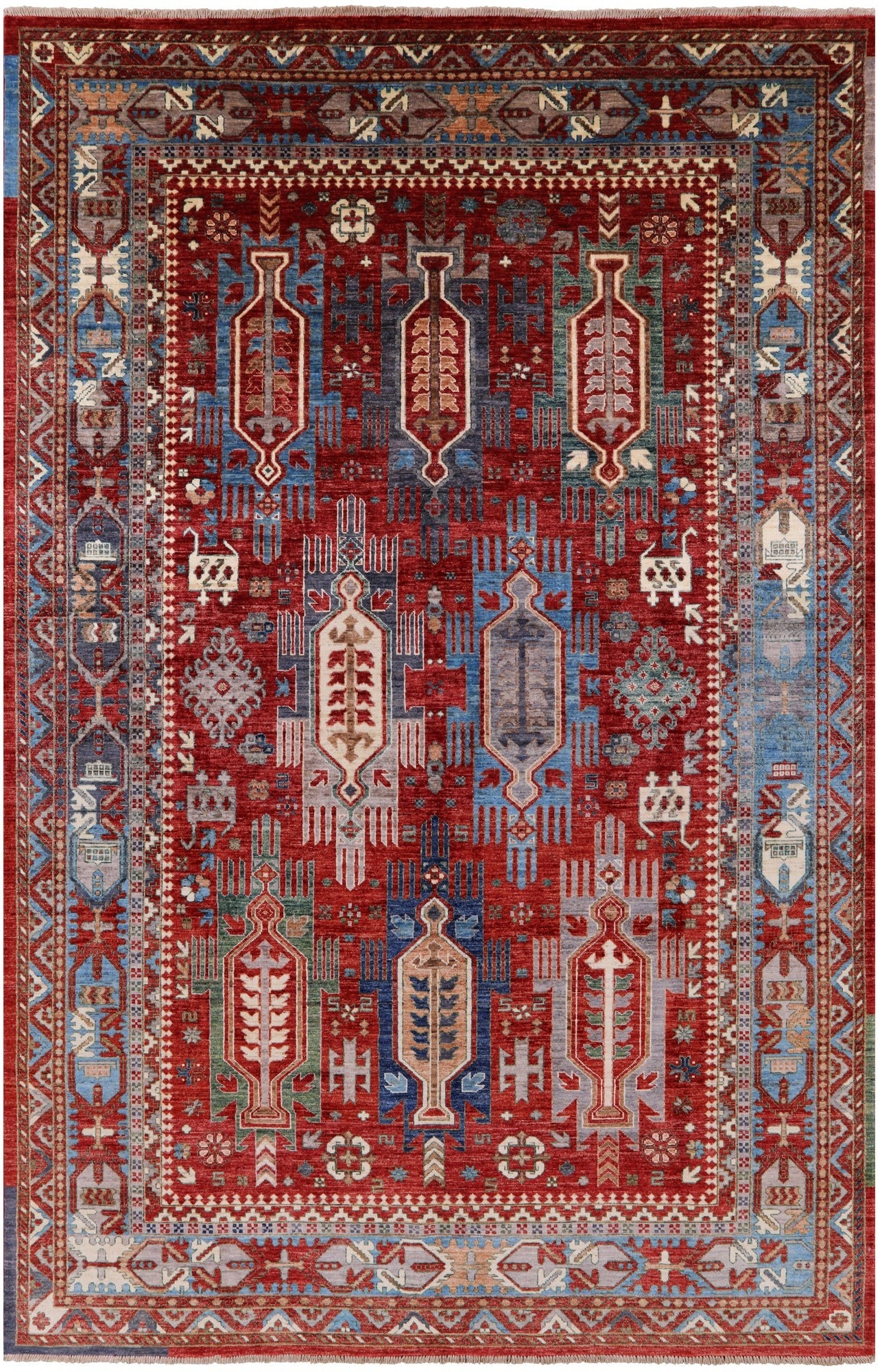 Red Persian Fine Serapi Hand Knotted Wool Rug - 6' 8" X 10' 2" - Golden Nile
