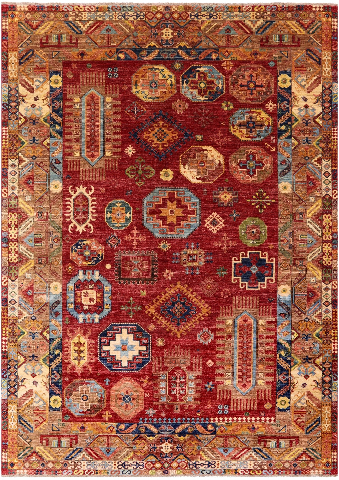 Red Turkmen Ersari Hand Knotted Wool Rug - 8' 2" X 11' 5" - Golden Nile