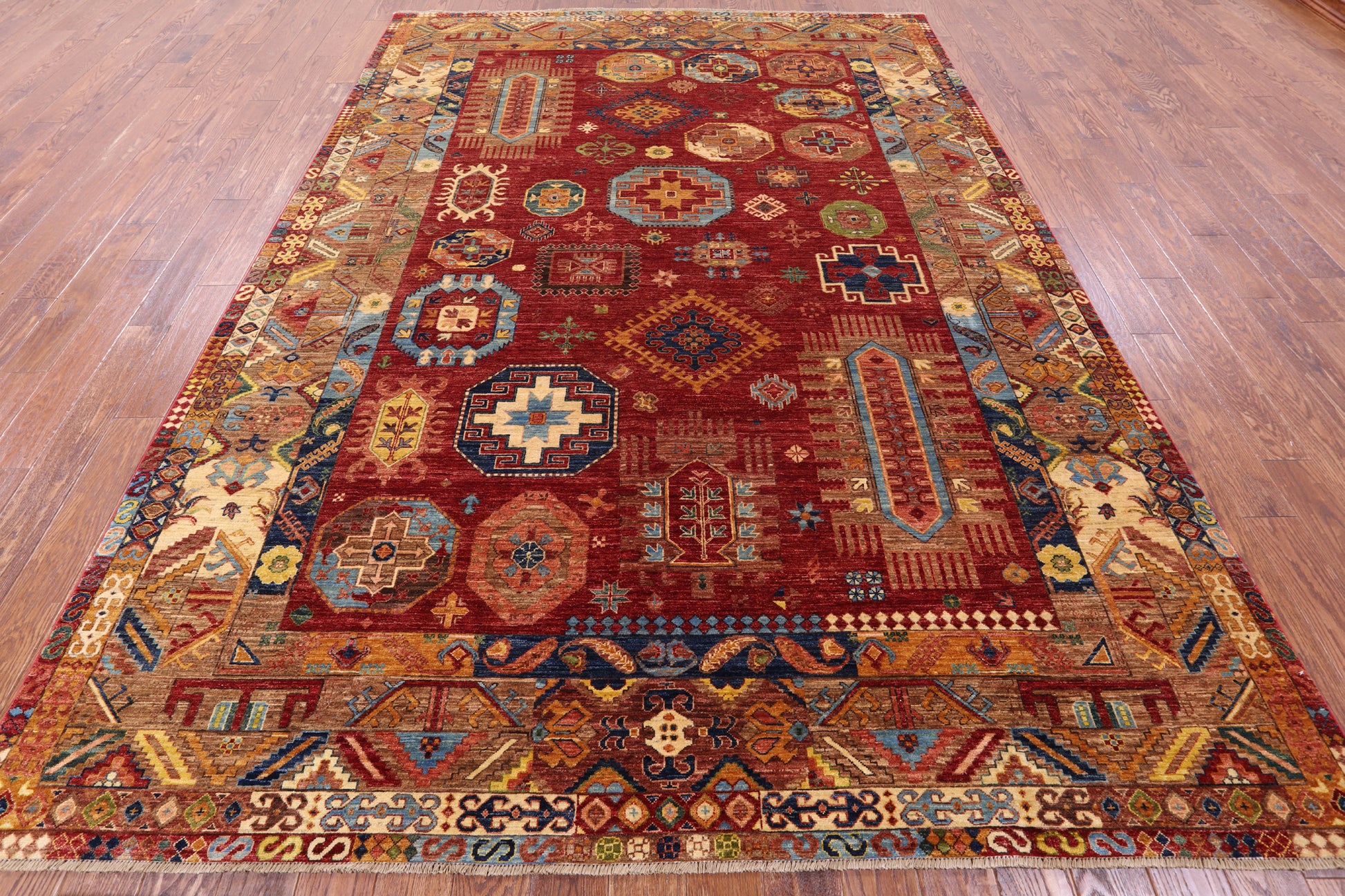 Red Turkmen Ersari Hand Knotted Wool Rug - 8' 2" X 11' 5" - Golden Nile