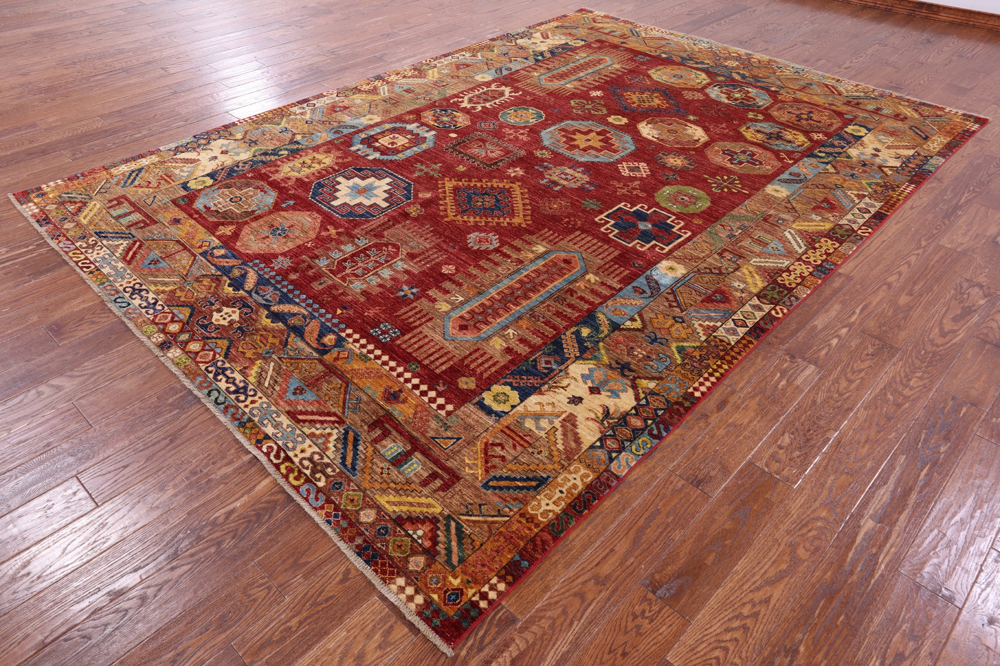 Red Turkmen Ersari Hand Knotted Wool Rug - 8' 2" X 11' 5" - Golden Nile