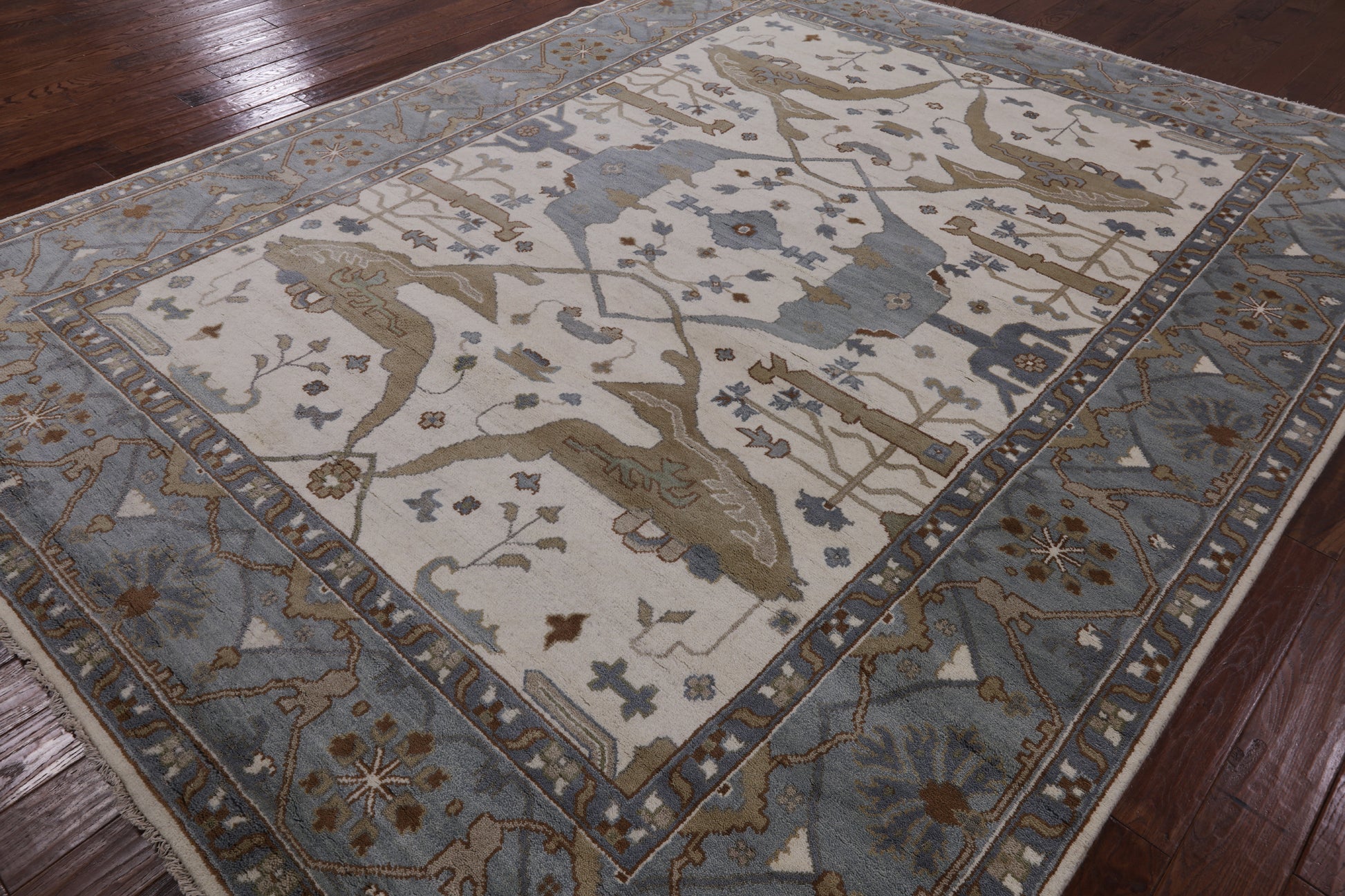 Ivory Turkish Oushak Hand Knotted Wool Area Rug - 9' 3" X 11' 10" - Golden Nile