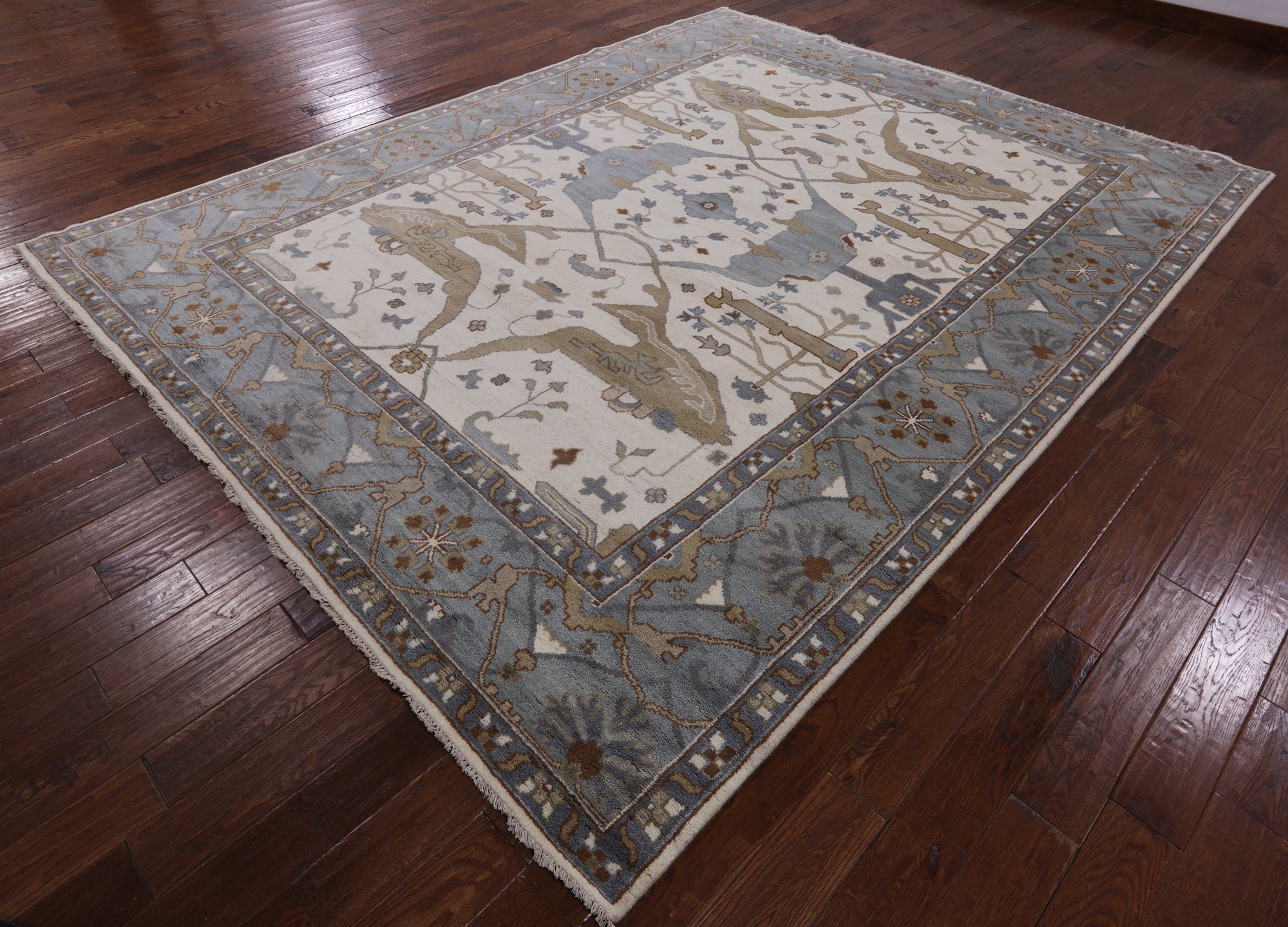 Ivory Turkish Oushak Hand Knotted Wool Area Rug - 9' 3" X 11' 10" - Golden Nile