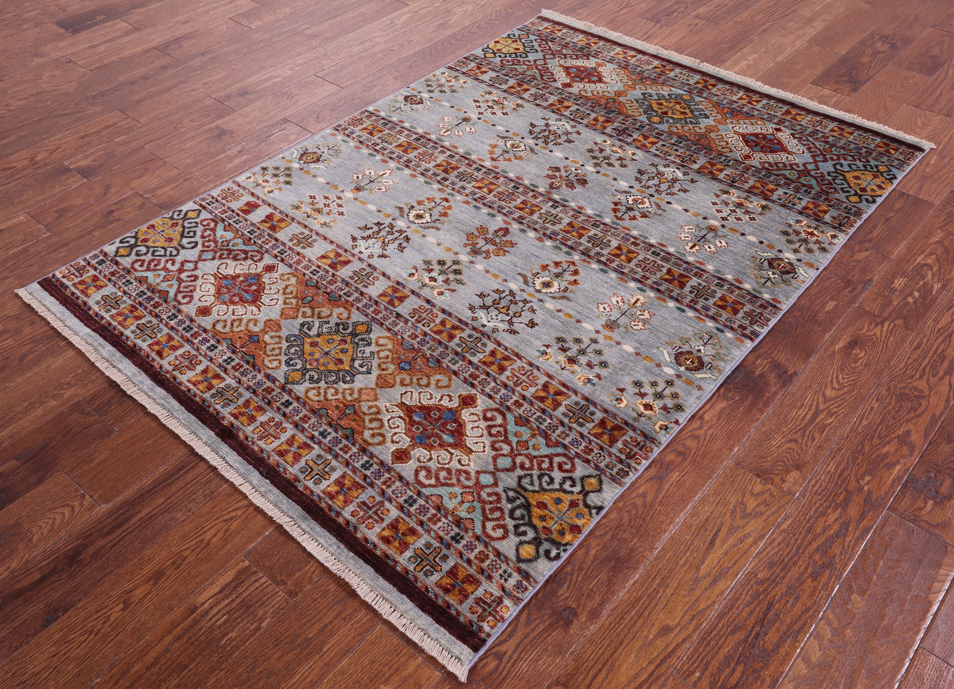 Grey Khorjin Persian Gabbeh Hand Knotted Wool Rug - 4' 2" X 6' 1" - Golden Nile